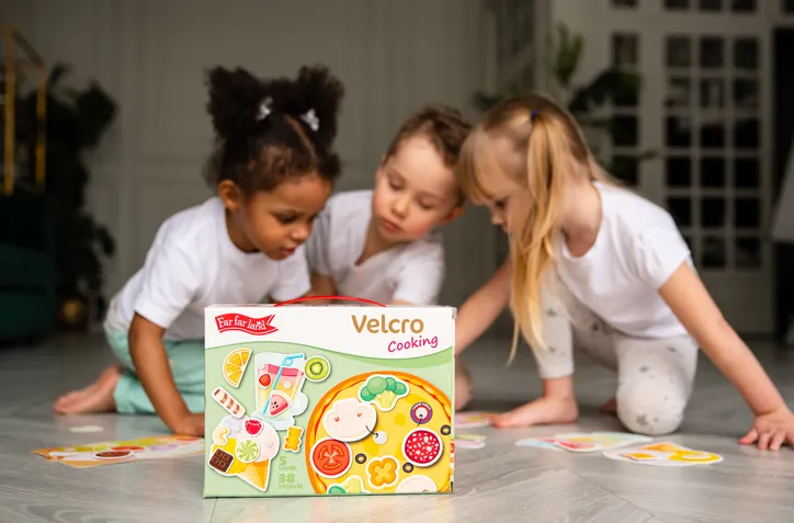 3D Velcro Cooking Board Game - Educational Fun for Kids 2-4 Years - Thin Plastic Cards (5 Cards, 38 Objects)