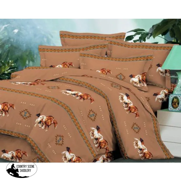 4 piece King Size Tan Running Horse Luxury Comforter Set.