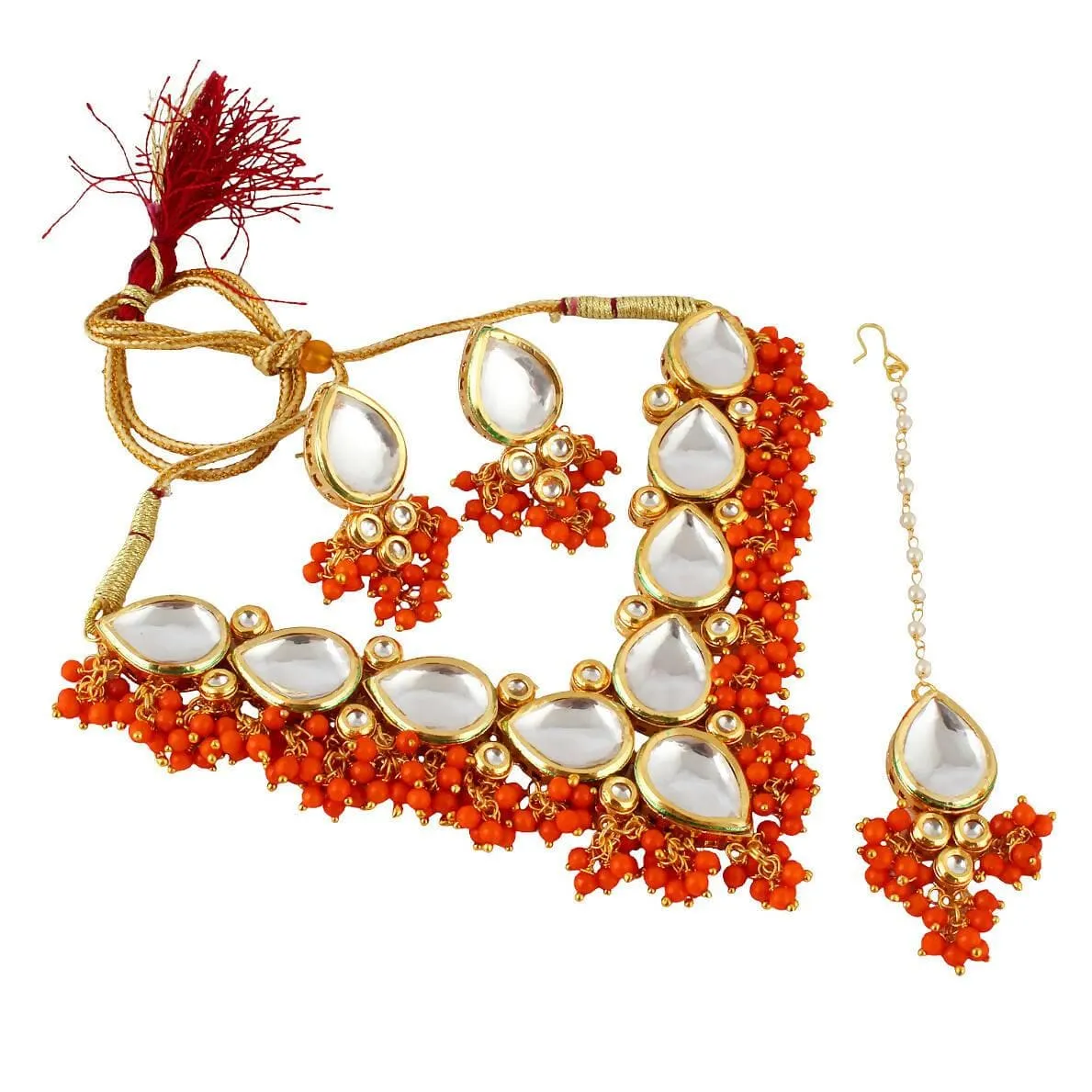 500 LUCKY JEWELLERY Back Meenakari 18k Gold Plated Orange Color Tika Earring Combo Uncut Big Faux Kundan Choker Necklace set with large stones