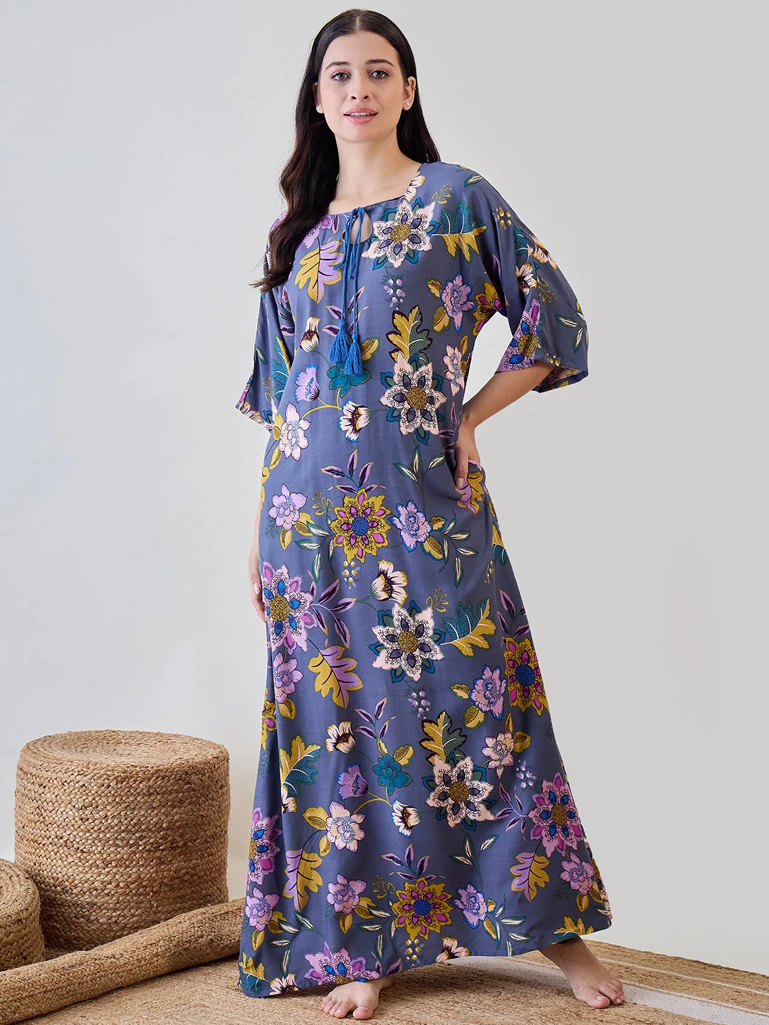 Abstract Floral Soft Modal Flowy Nightdress