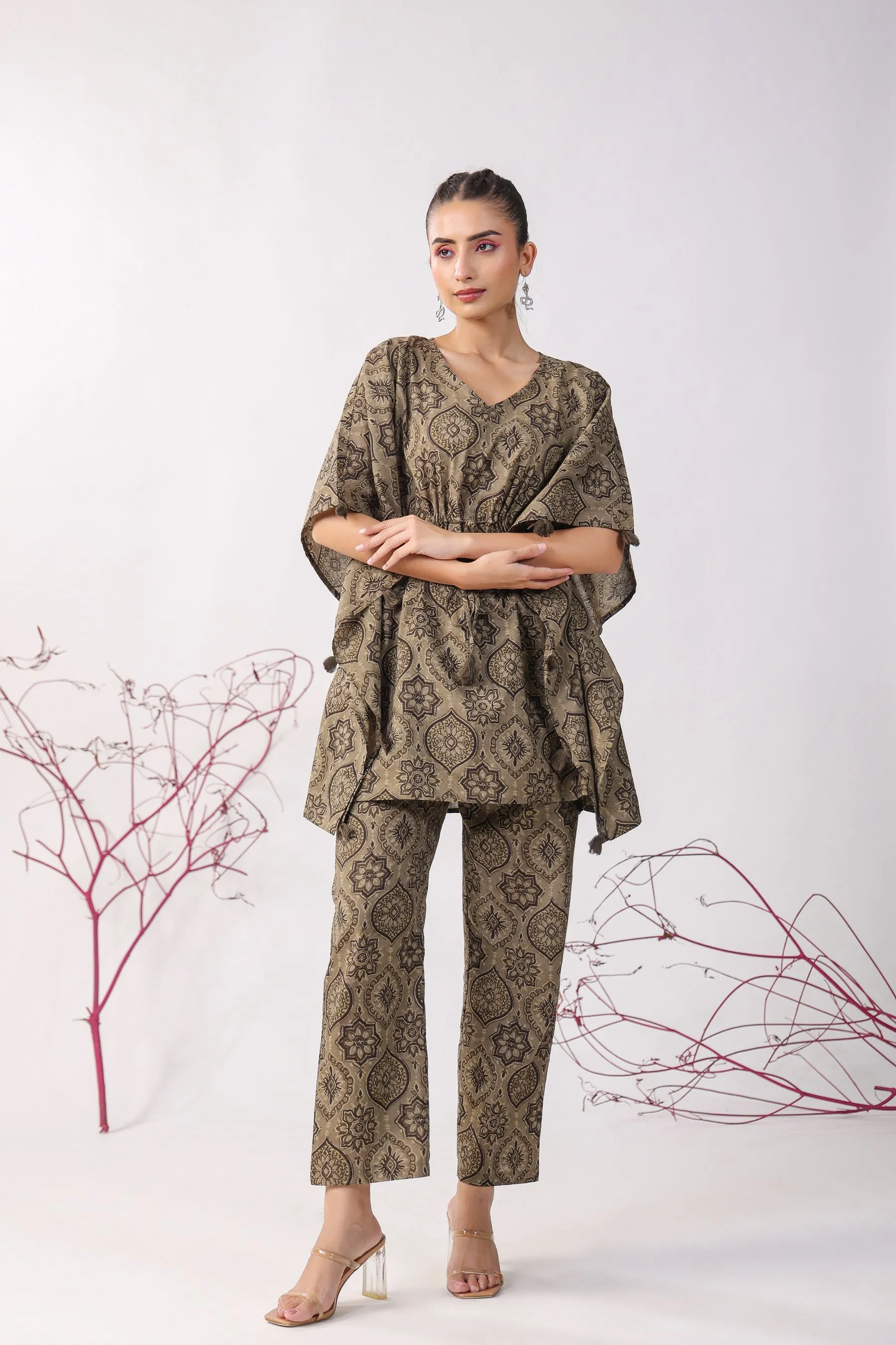 Ajrakh Motifs Cotton Kaftan Pajama Set