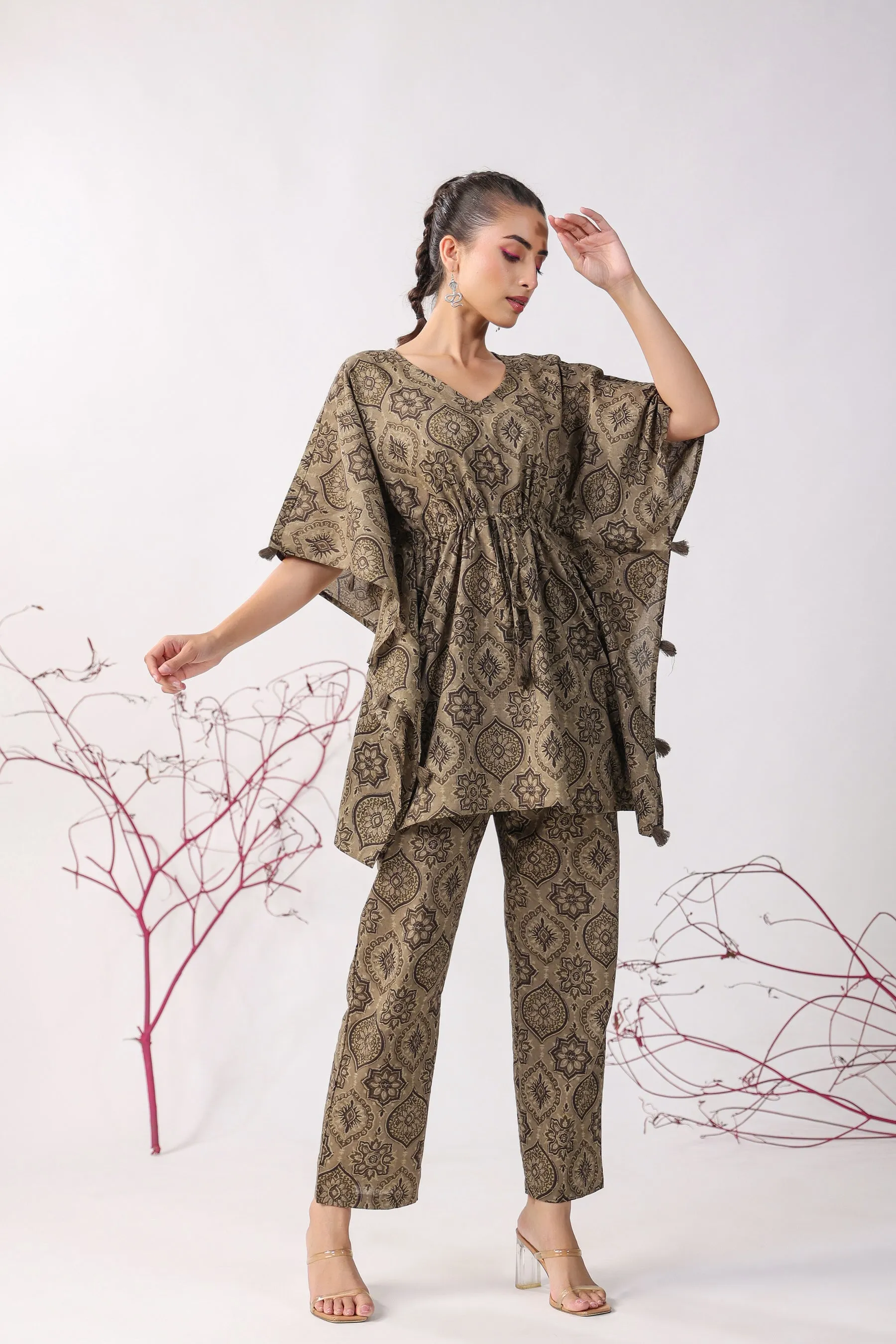 Ajrakh Motifs Cotton Kaftan Pajama Set