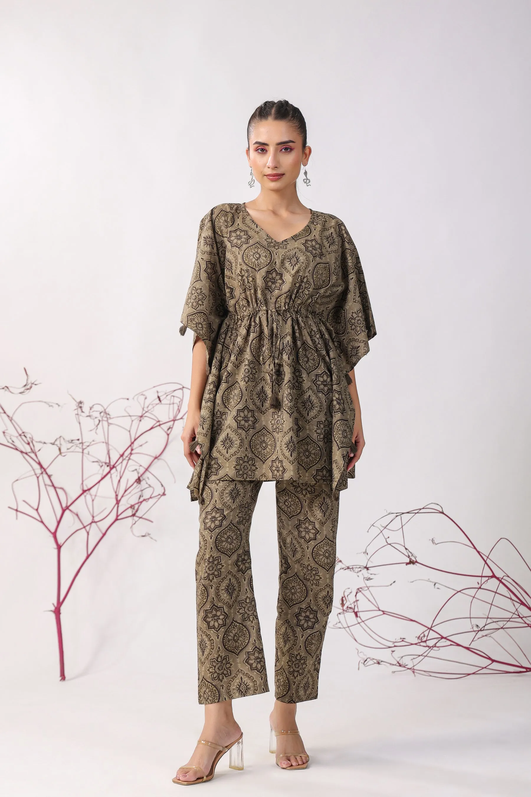 Ajrakh Motifs Cotton Kaftan Pajama Set