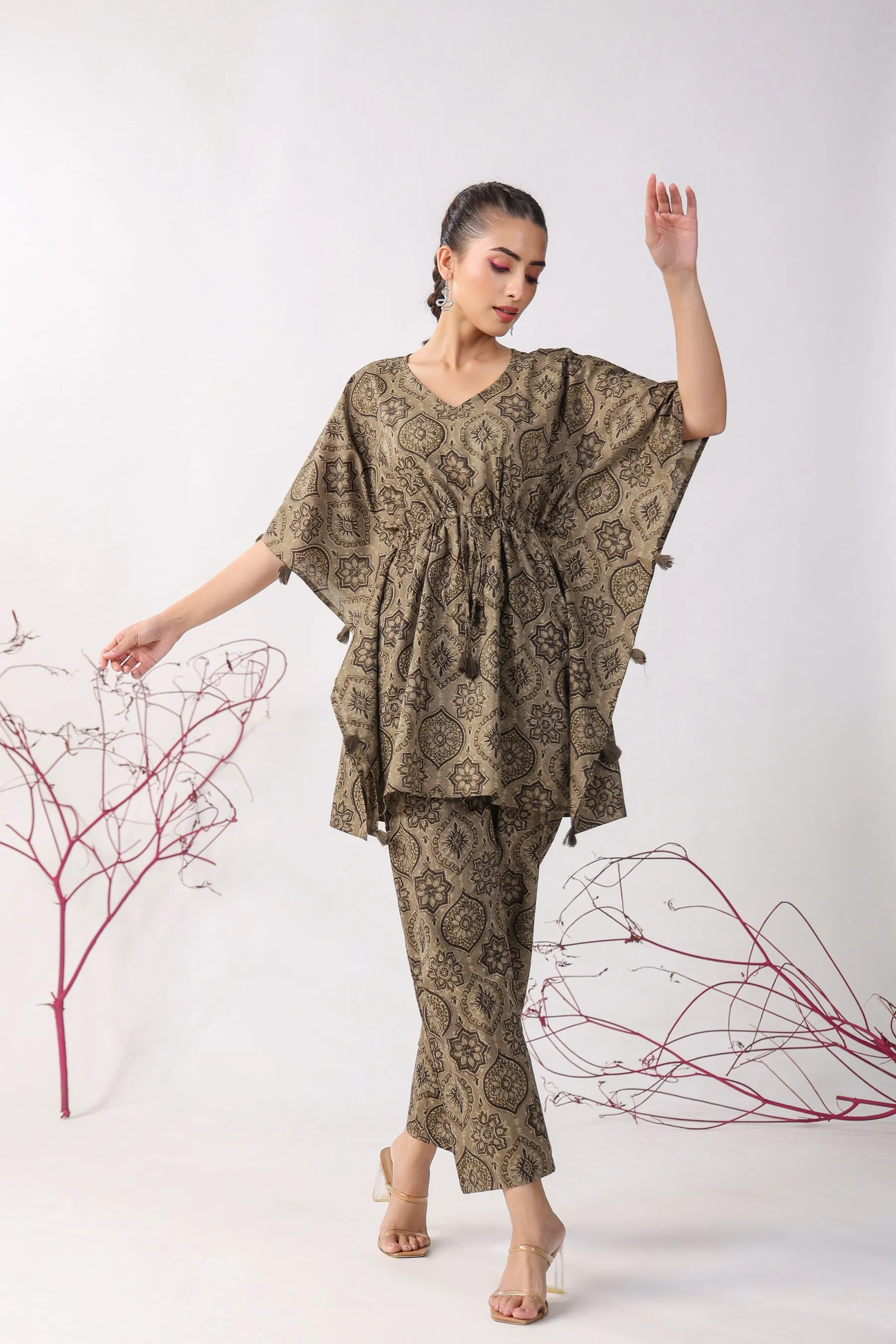 Ajrakh Motifs Cotton Kaftan Pajama Set