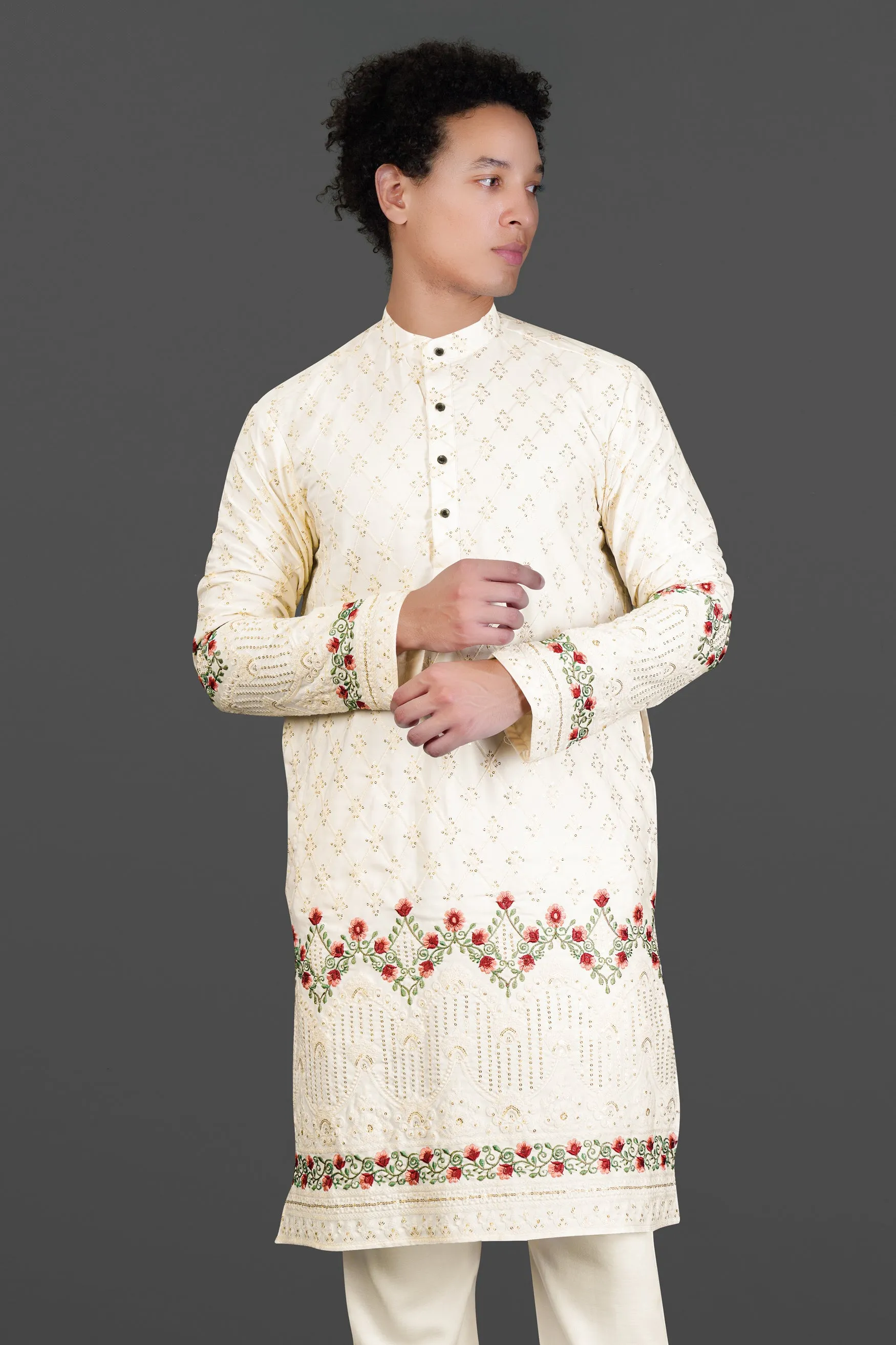 Albescent Cream Floral Multi Colour Thread and Sequin Embroidered Designer Kurta Set