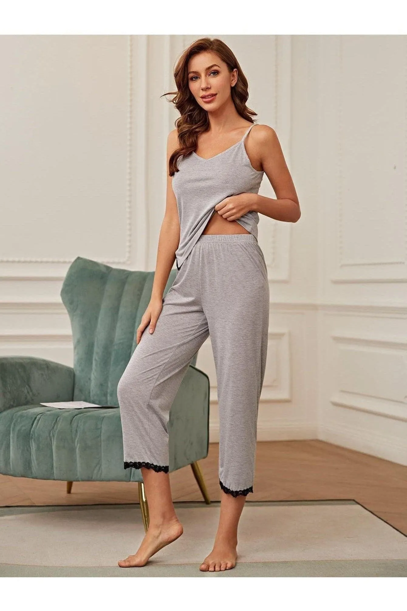 Alex V-Neck Lace Trim Slit Cami and Pants Pajama Set