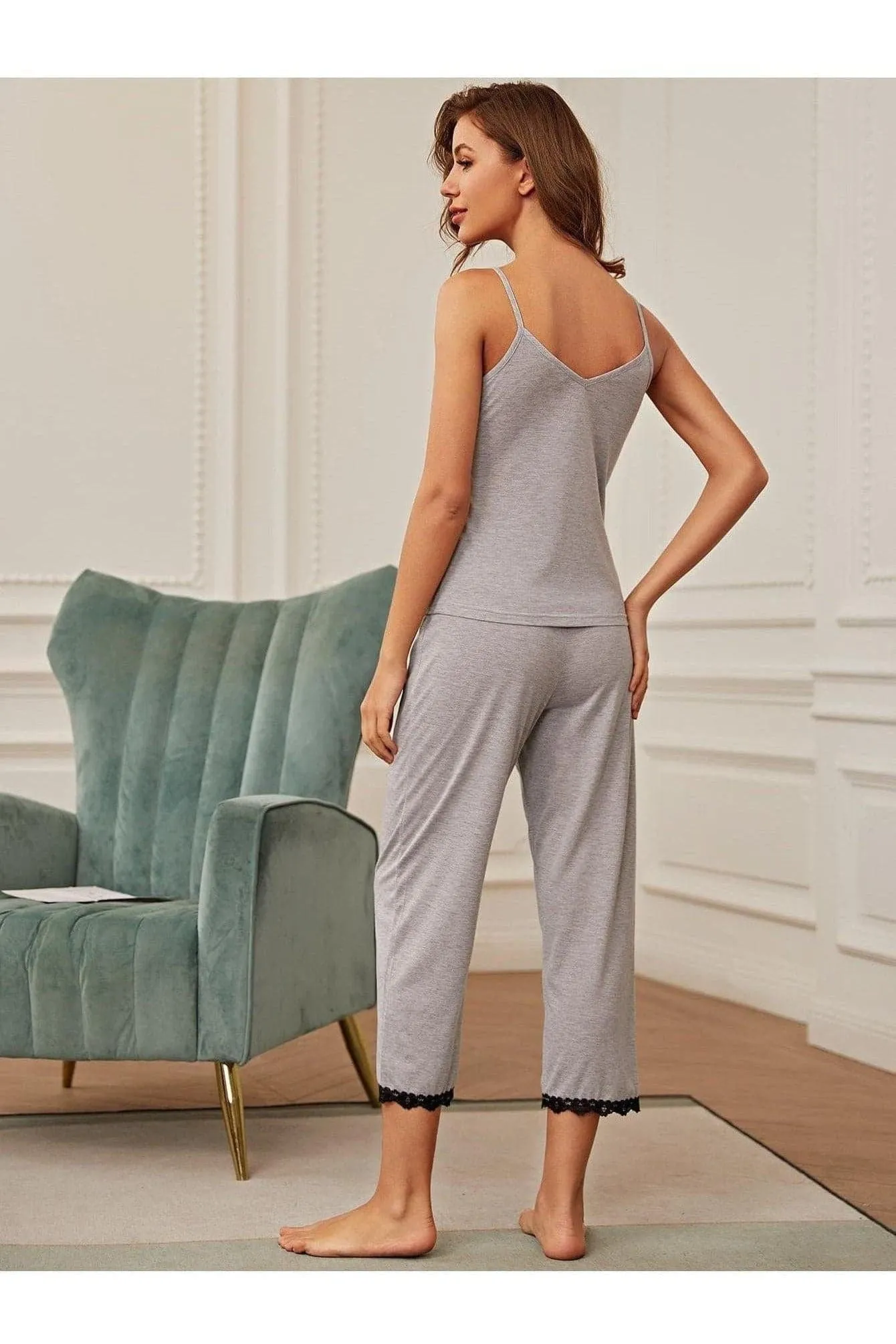 Alex V-Neck Lace Trim Slit Cami and Pants Pajama Set