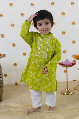 Baby Boy Bandhani Print Cotton Kurta Set - Green