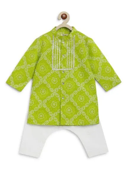 Baby Boy Bandhani Print Cotton Kurta Set - Green