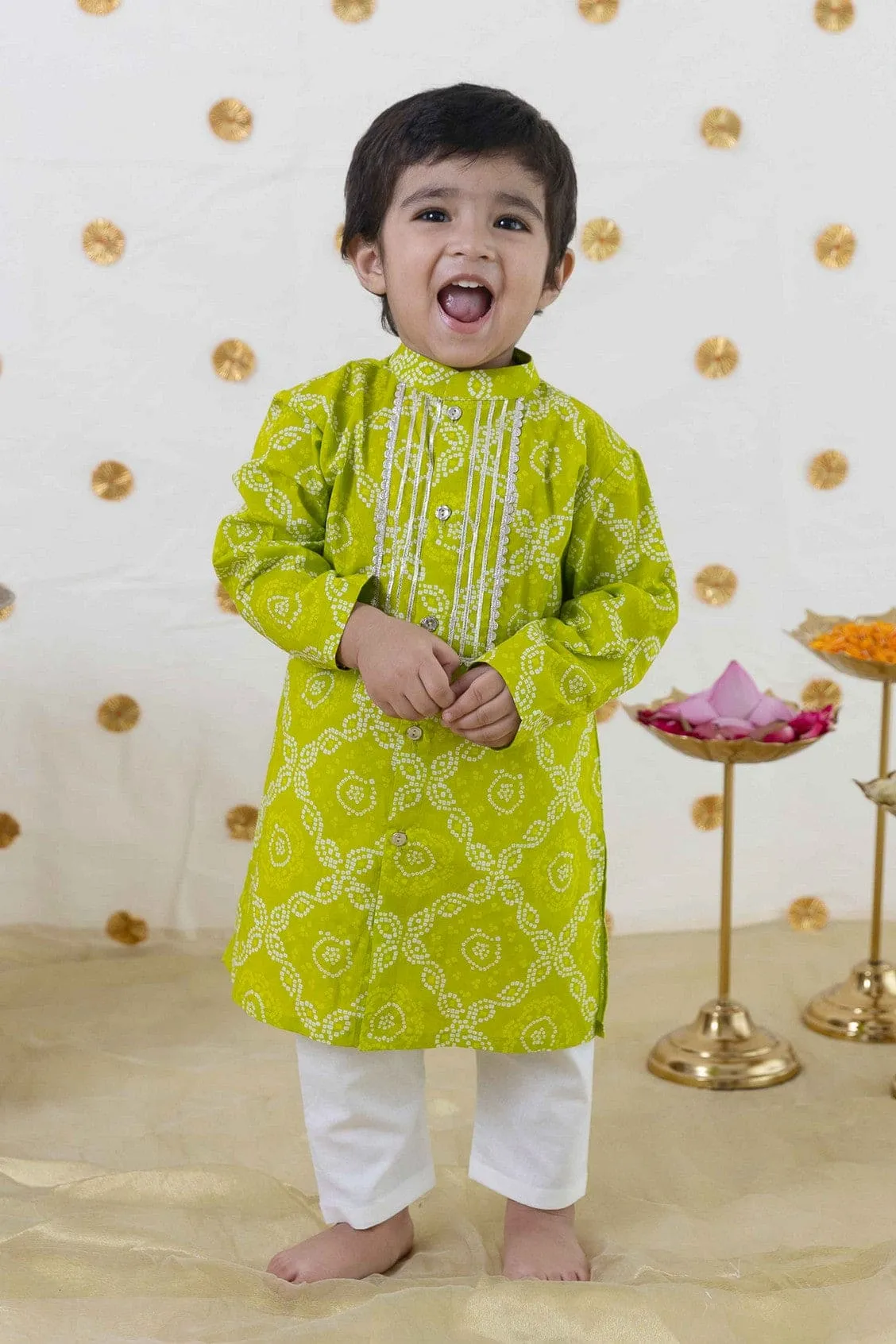 Baby Boy Bandhani Print Cotton Kurta Set - Green