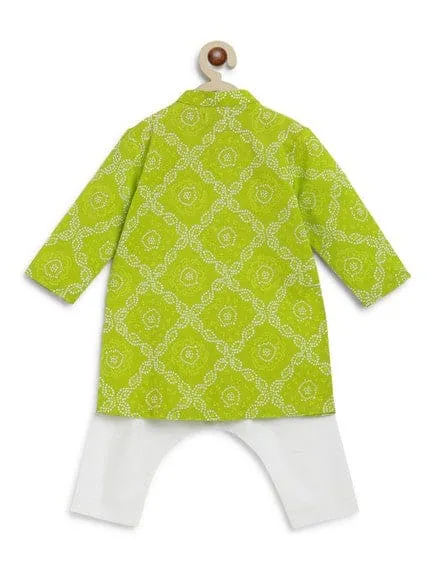 Baby Boy Bandhani Print Cotton Kurta Set - Green