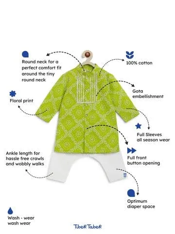 Baby Boy Bandhani Print Cotton Kurta Set - Green