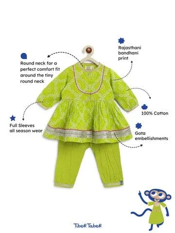 Baby Girl Bandhani Cotton Angrakha Suit Set - Green