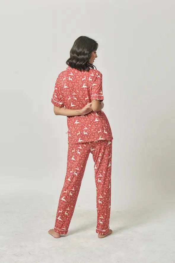 Bamberry Holiday 2023 Adult Short Sleeves Button Down PJ Set, Reindeer