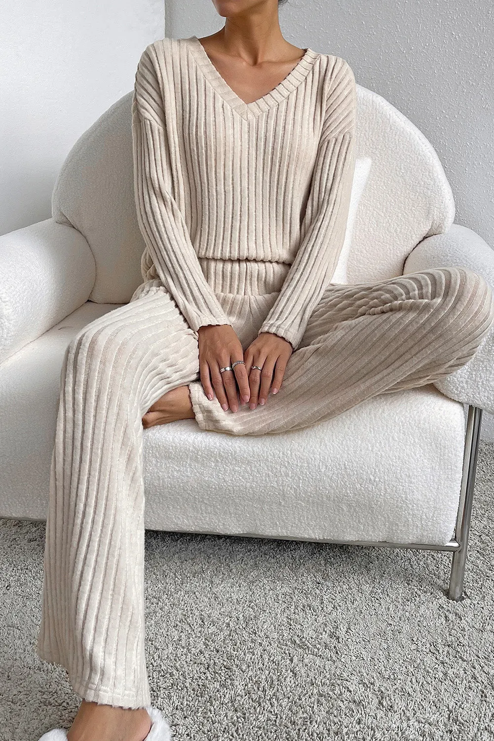 Beige Relaxed Slouchy Ribbed Lounge Set