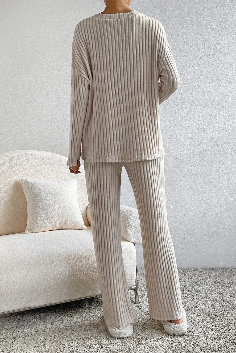 Beige Relaxed Slouchy Ribbed Lounge Set