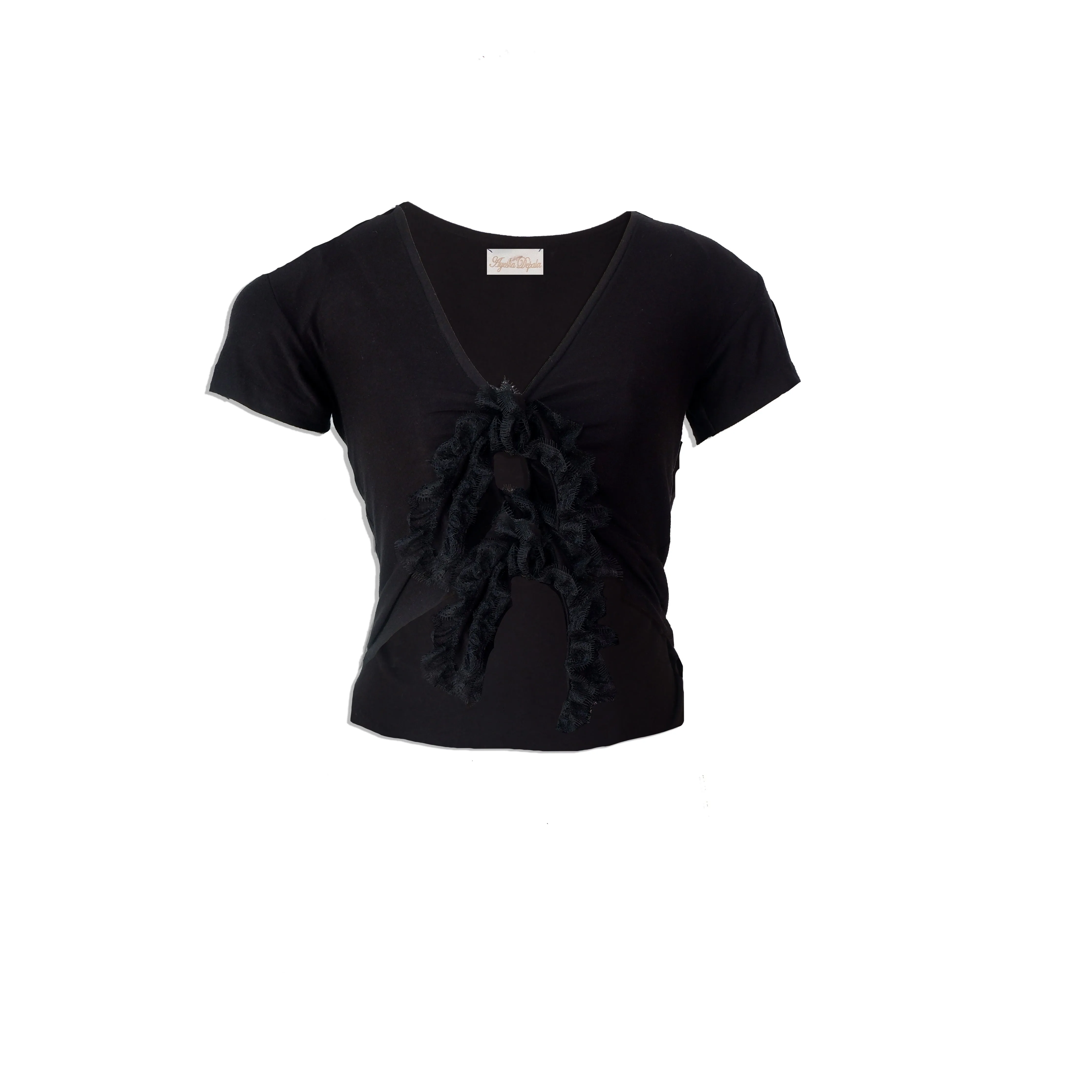 Black Modal Soft Jersey Double Knot with Lace Tee