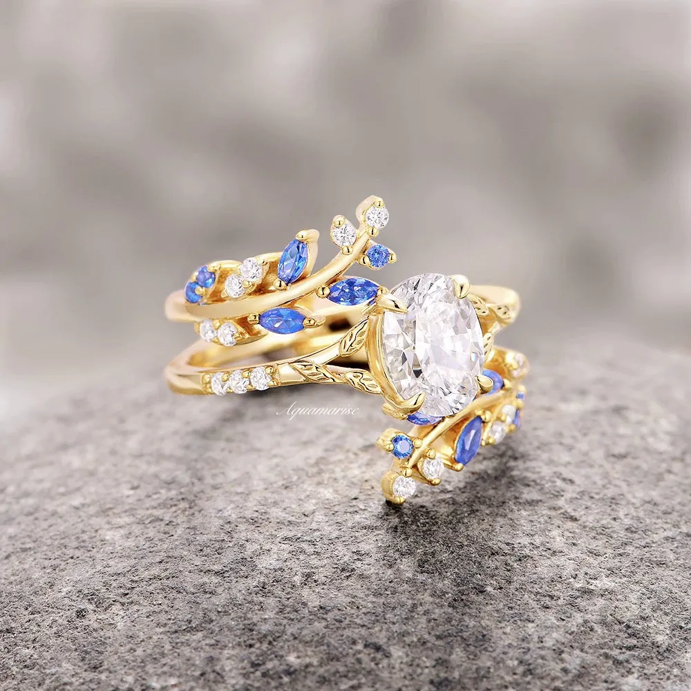 Blue Sapphire & Diamond (cz) Leaf Couples Ring