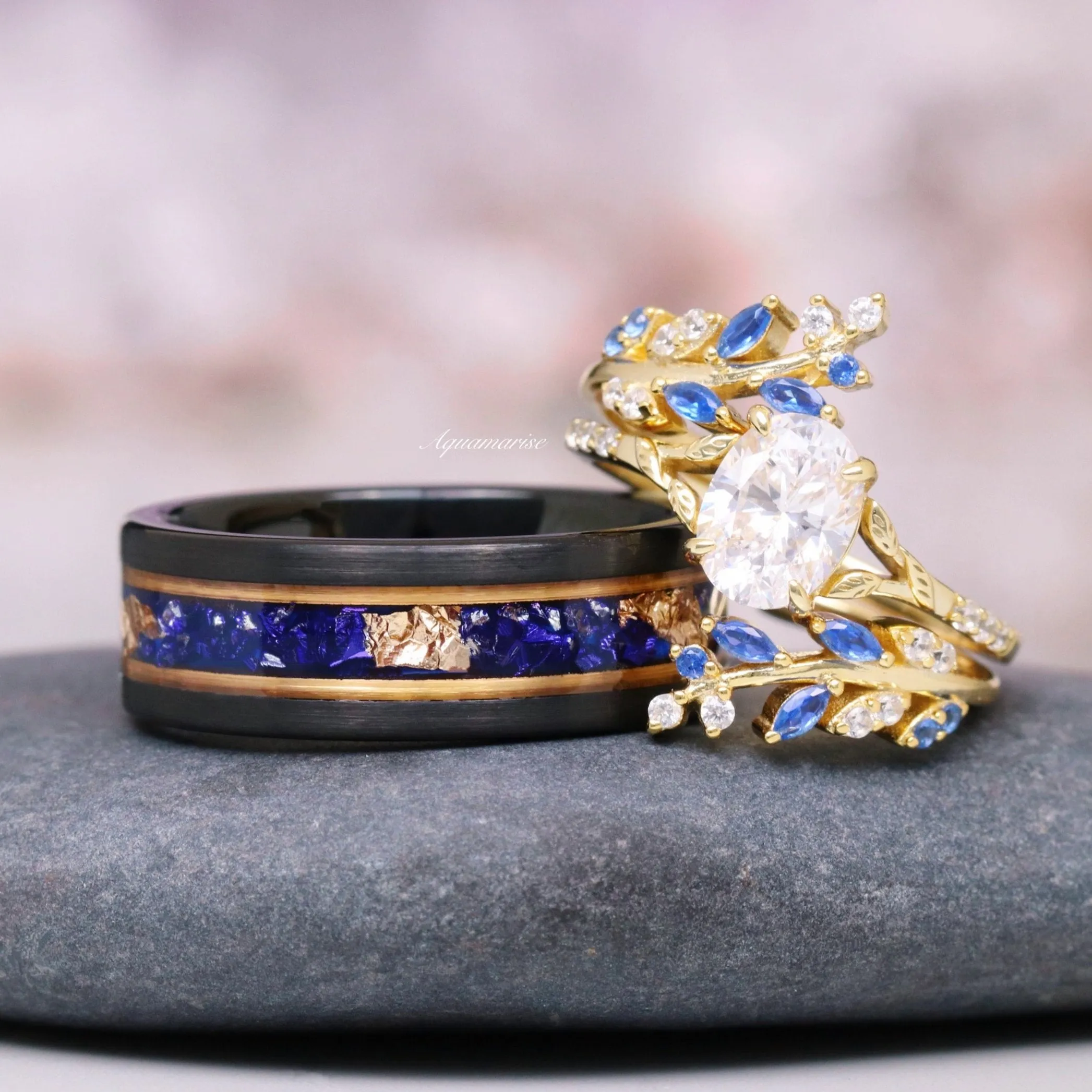 Blue Sapphire & Diamond (cz) Leaf Couples Ring