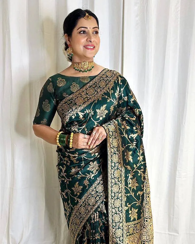 Bottle Green Banarasi Soft Silk Saree With Blouse