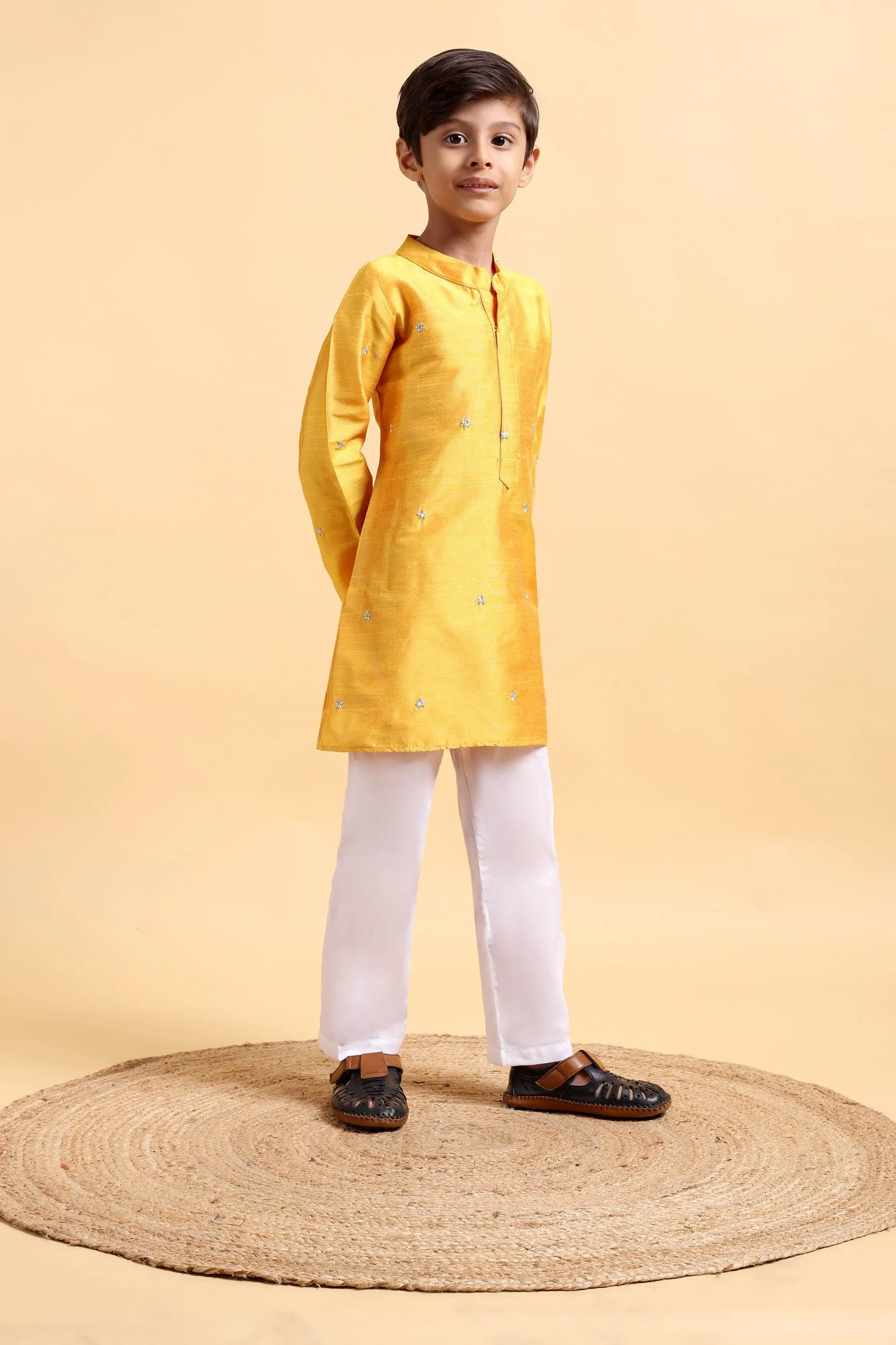 Boys Yellow embroidery Cotton silk Kurta & Pajama Set