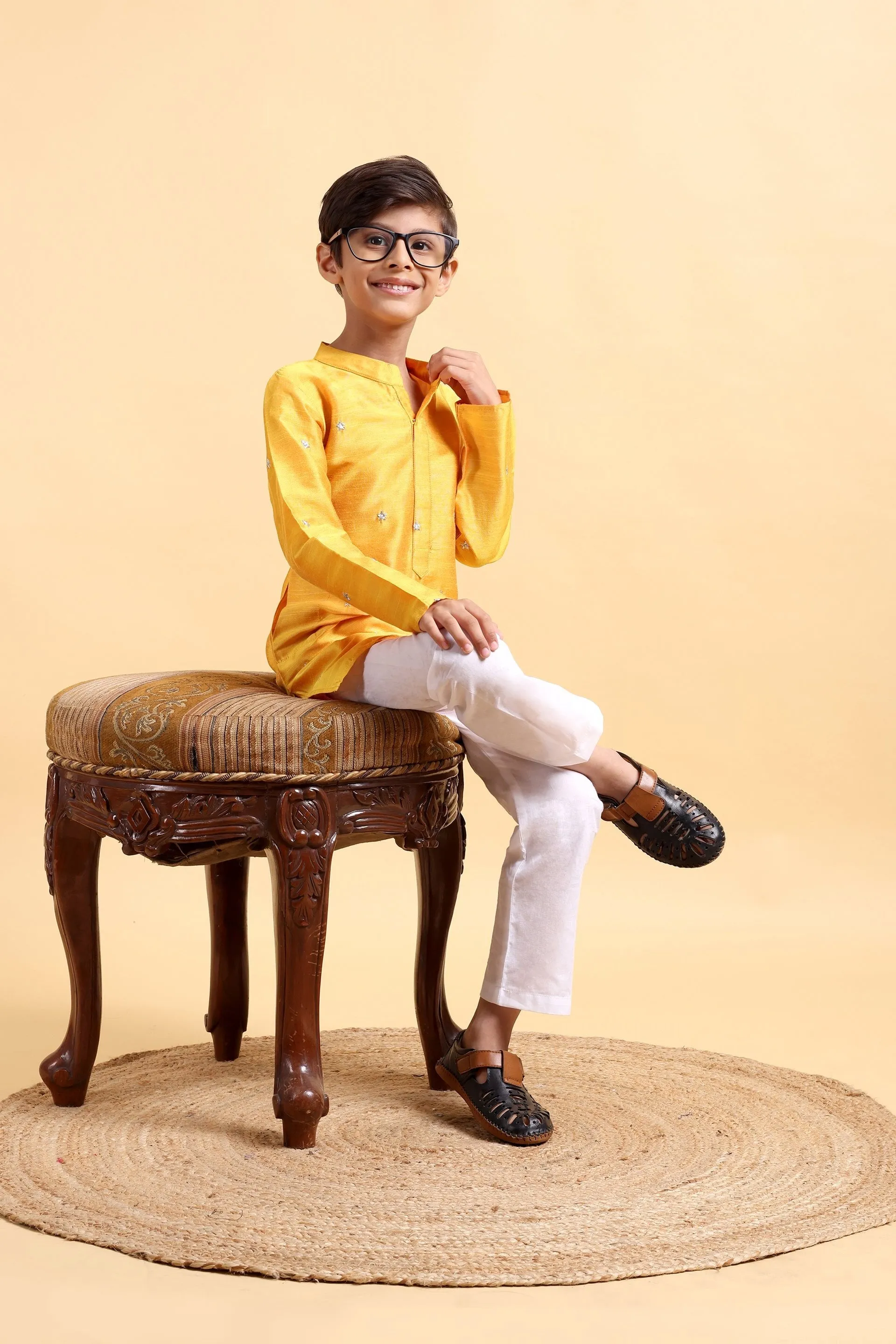 Boys Yellow embroidery Cotton silk Kurta & Pajama Set