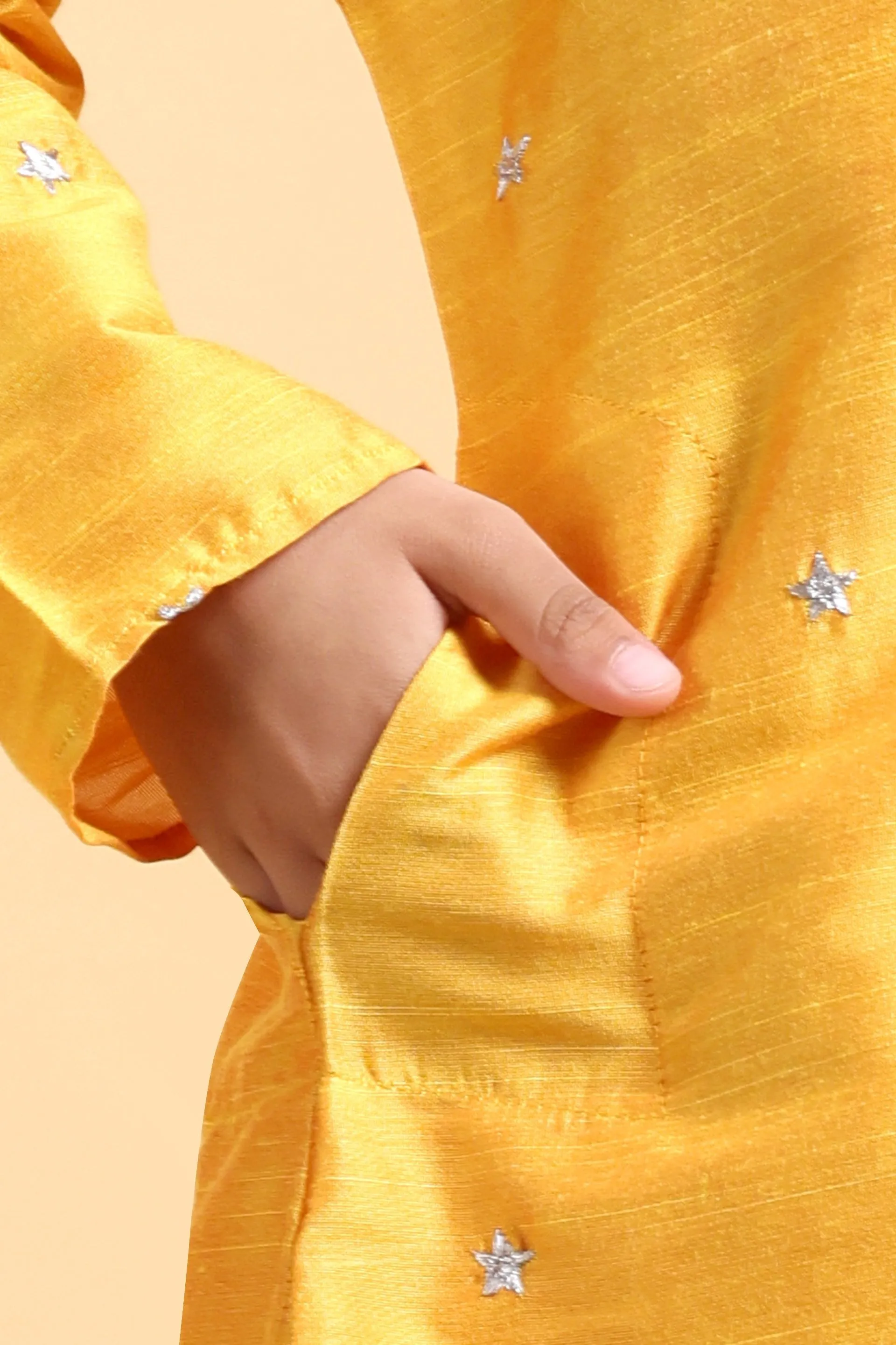 Boys Yellow embroidery Cotton silk Kurta & Pajama Set