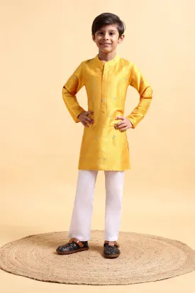 Boys Yellow embroidery Cotton silk Kurta & Pajama Set