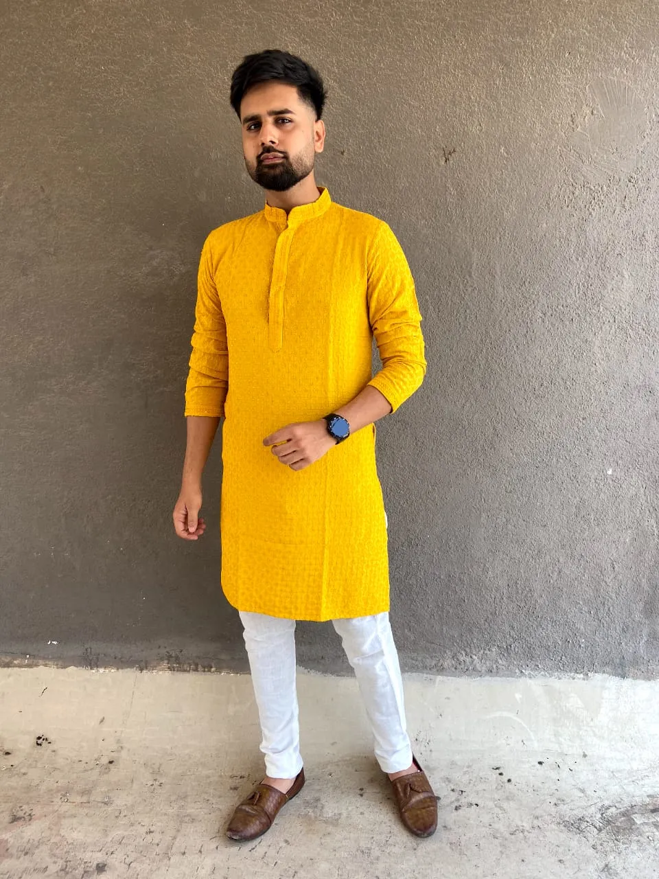 Cotton Chikankari Wedding Men's Kurta Payjama Yellow