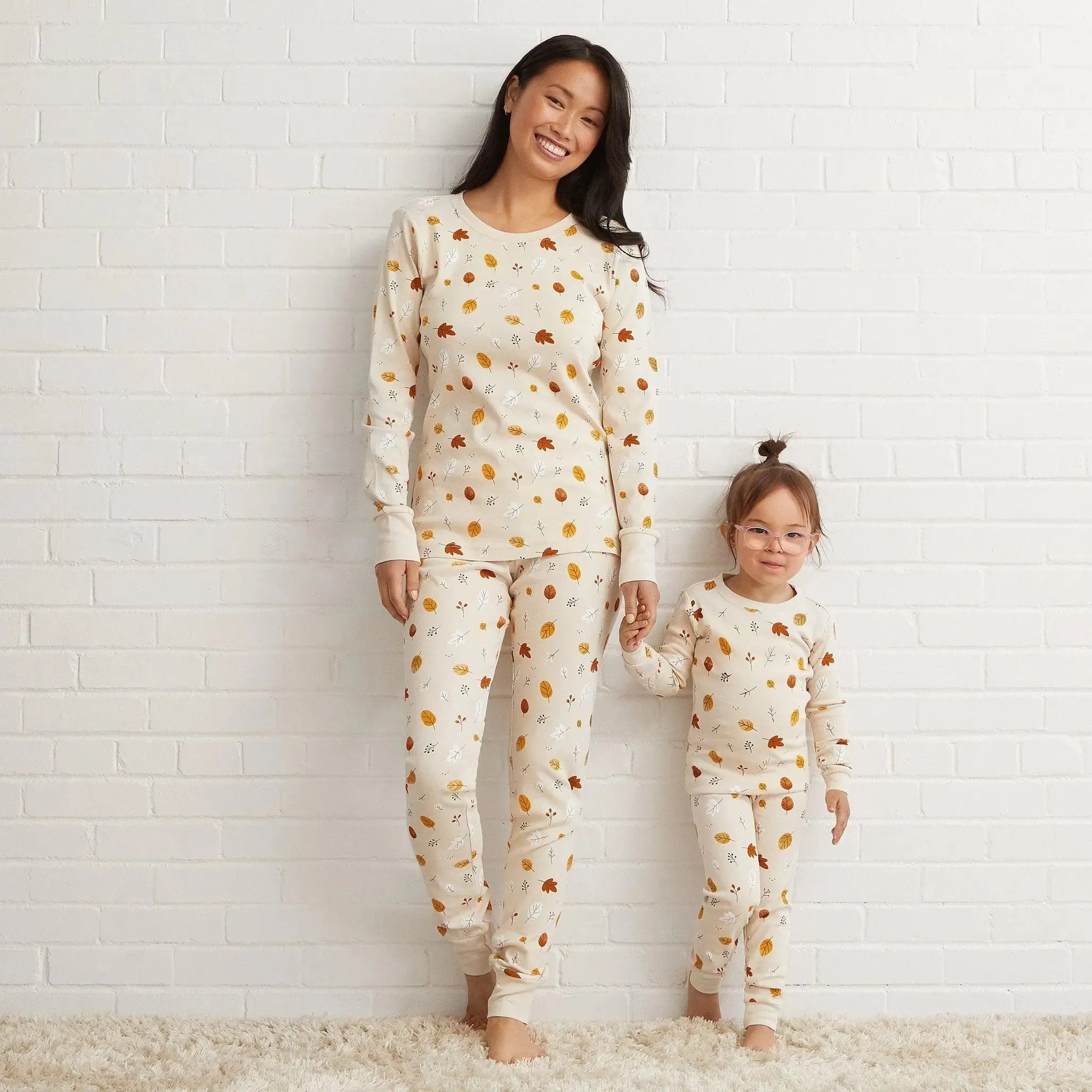 Foliage Print on Natural Girls Pajama Set | Petit Lem