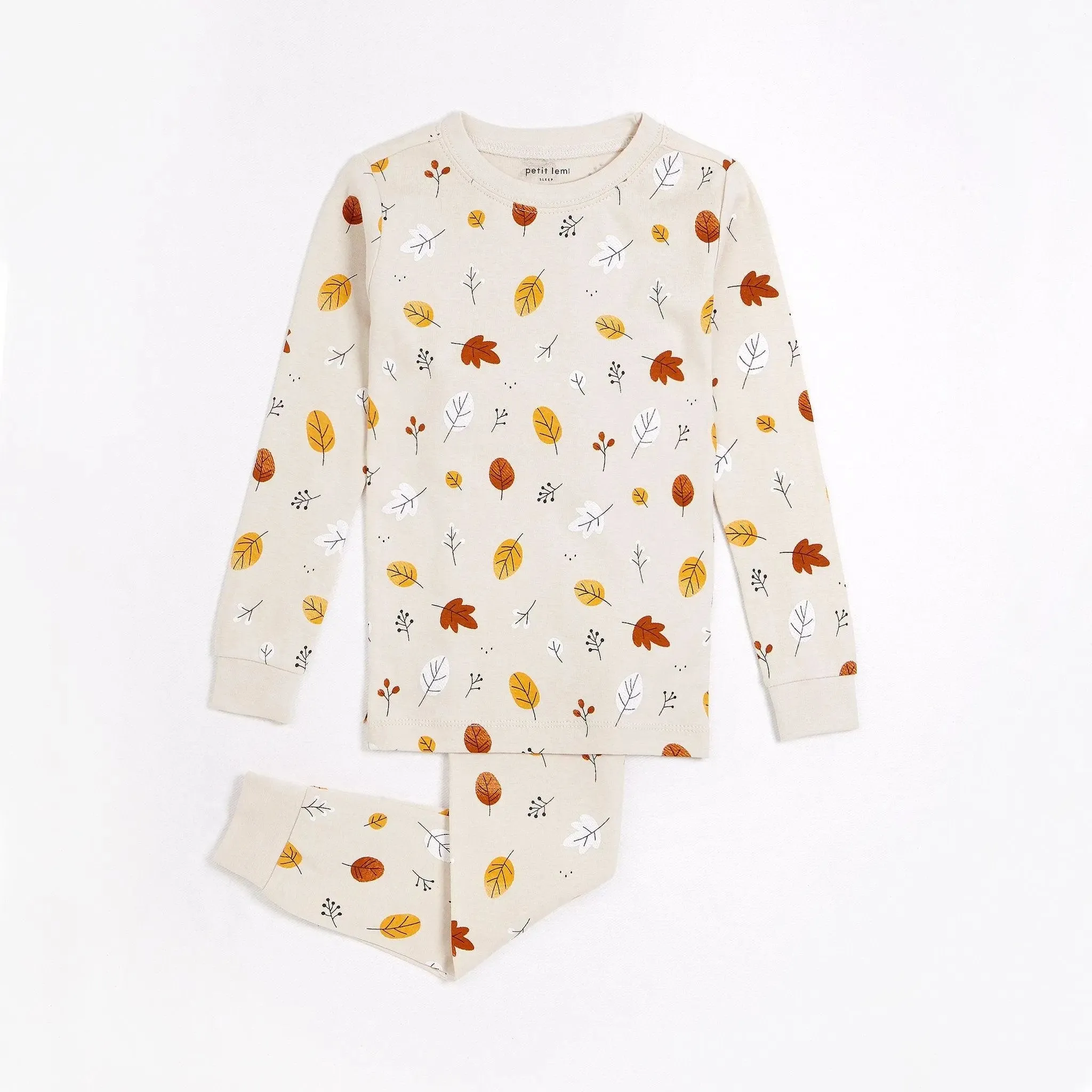 Foliage Print on Natural Girls Pajama Set | Petit Lem