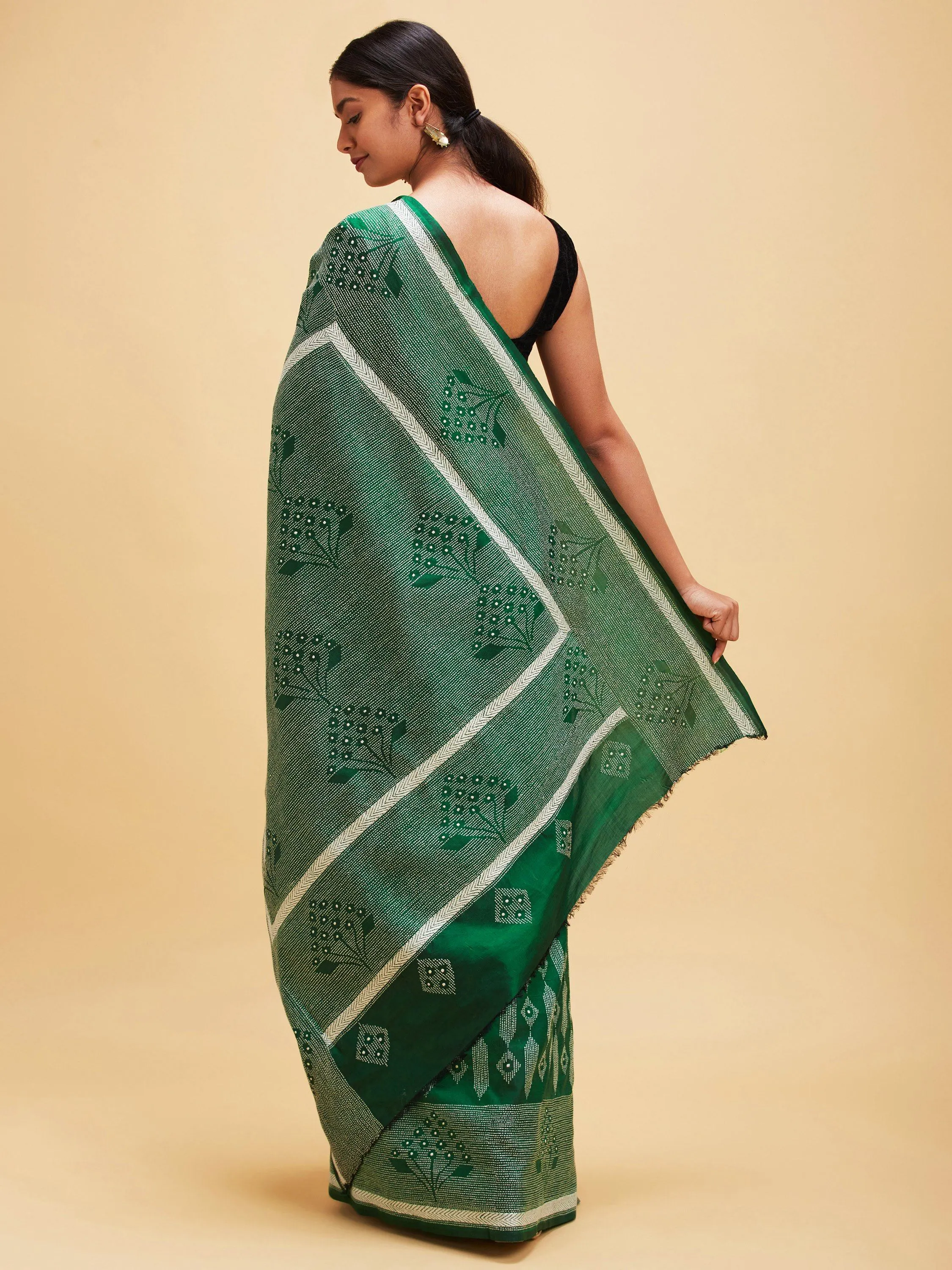 Forest Green Kantha Stitch Sari