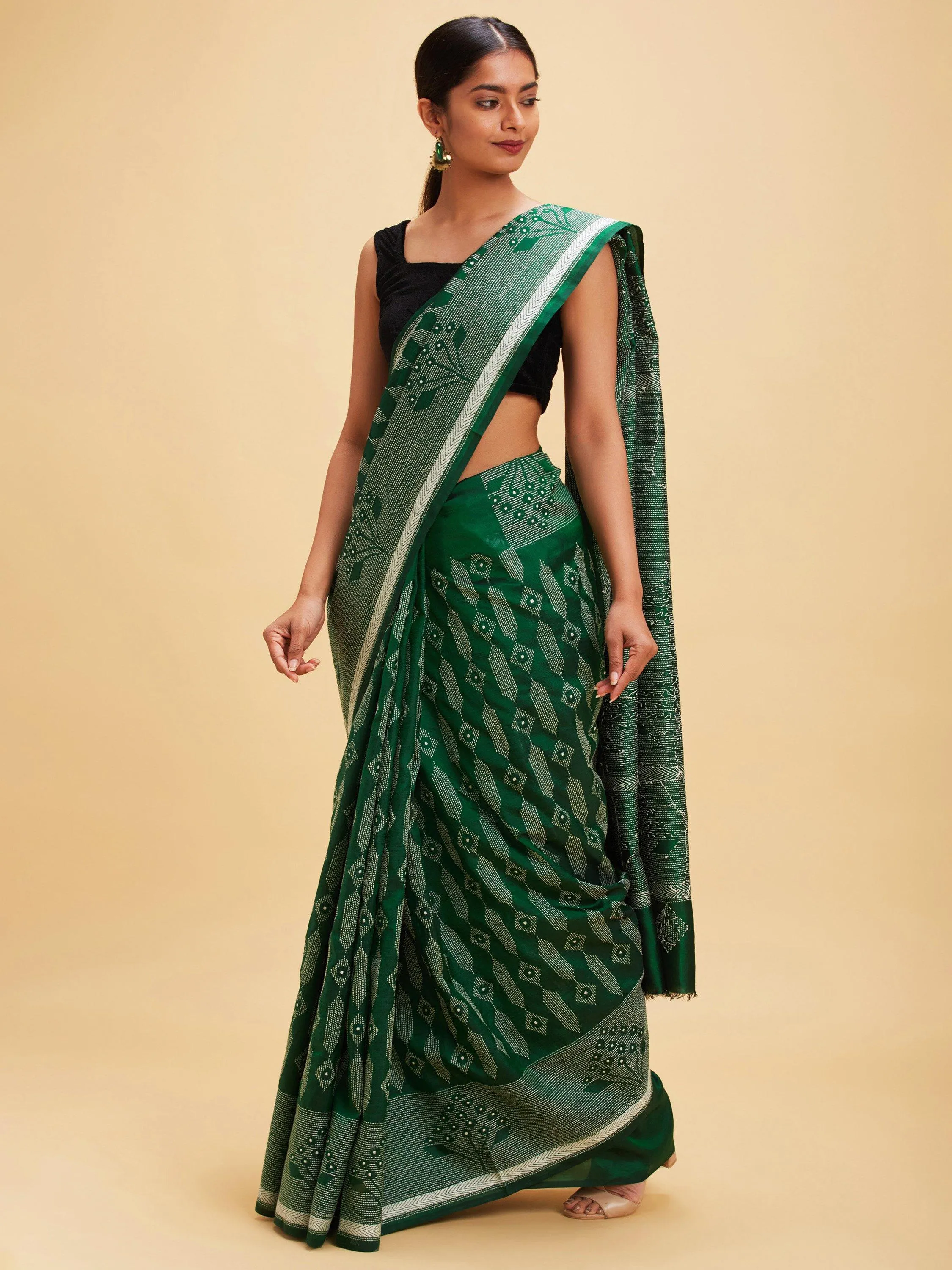 Forest Green Kantha Stitch Sari