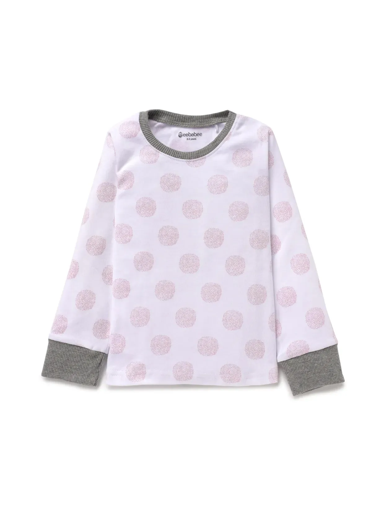 Full sleeve pink dotted pattern in white pajama set for baby