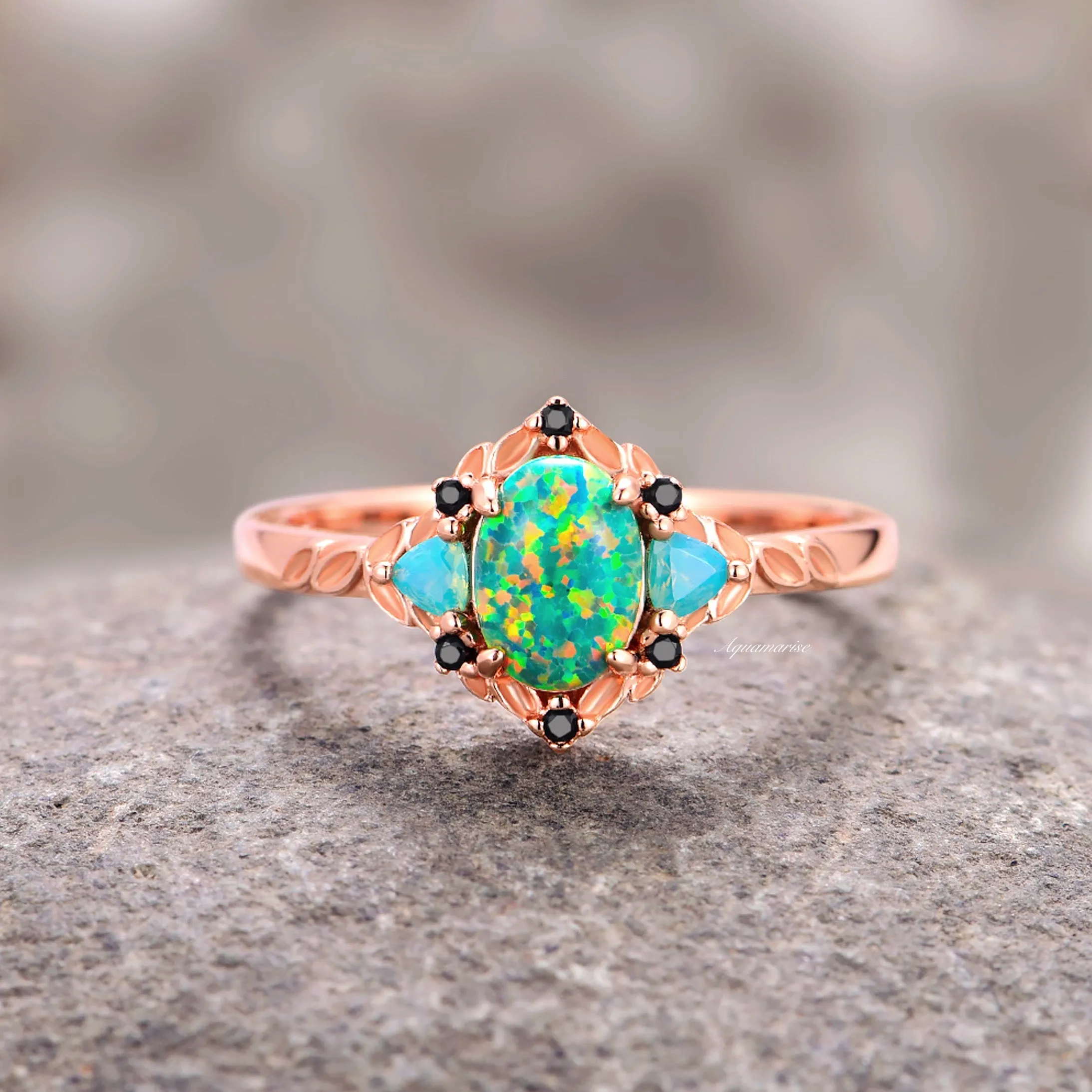 Green Fire Opal Leaf Couples Ring