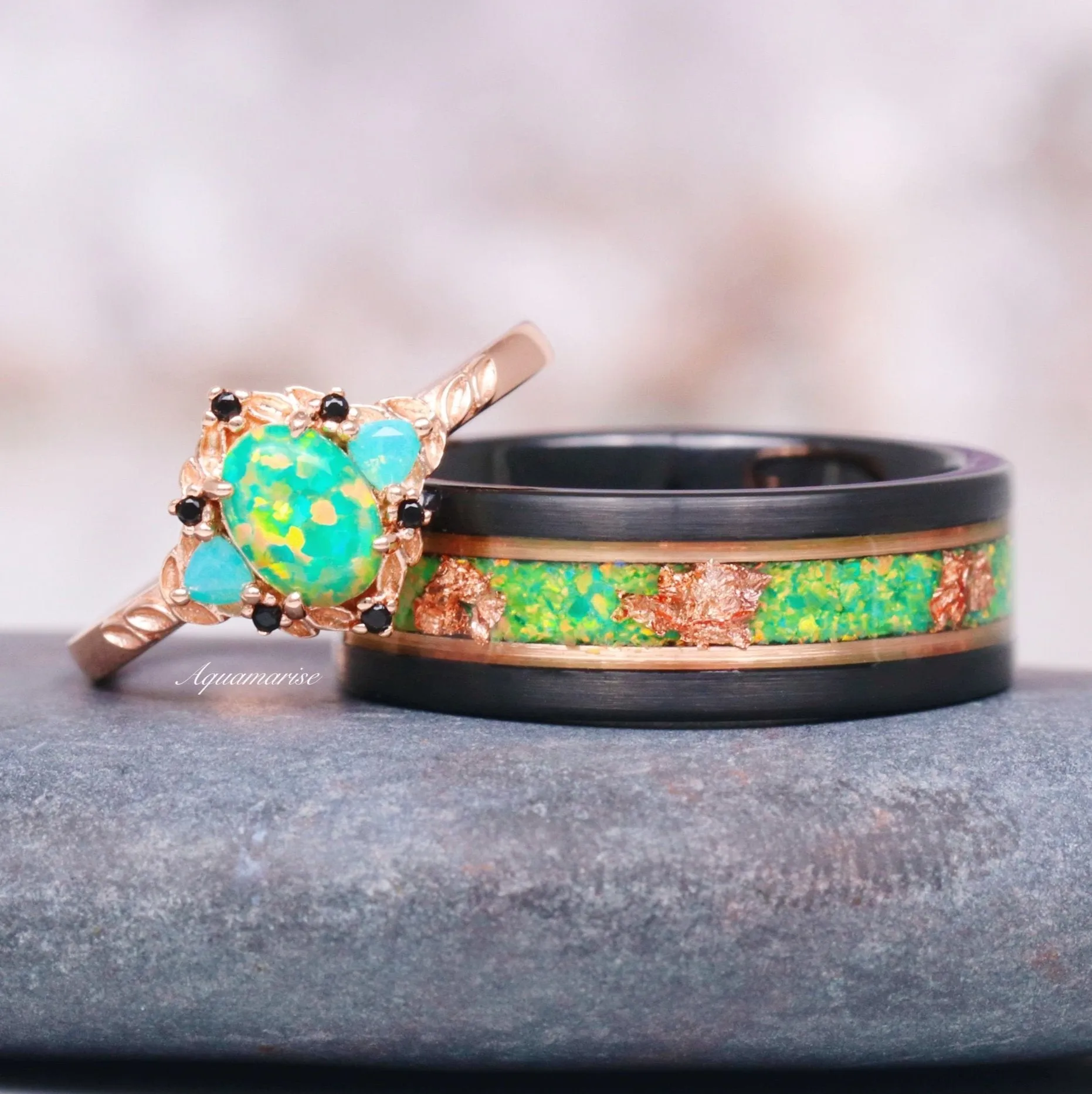 Green Fire Opal Leaf Couples Ring