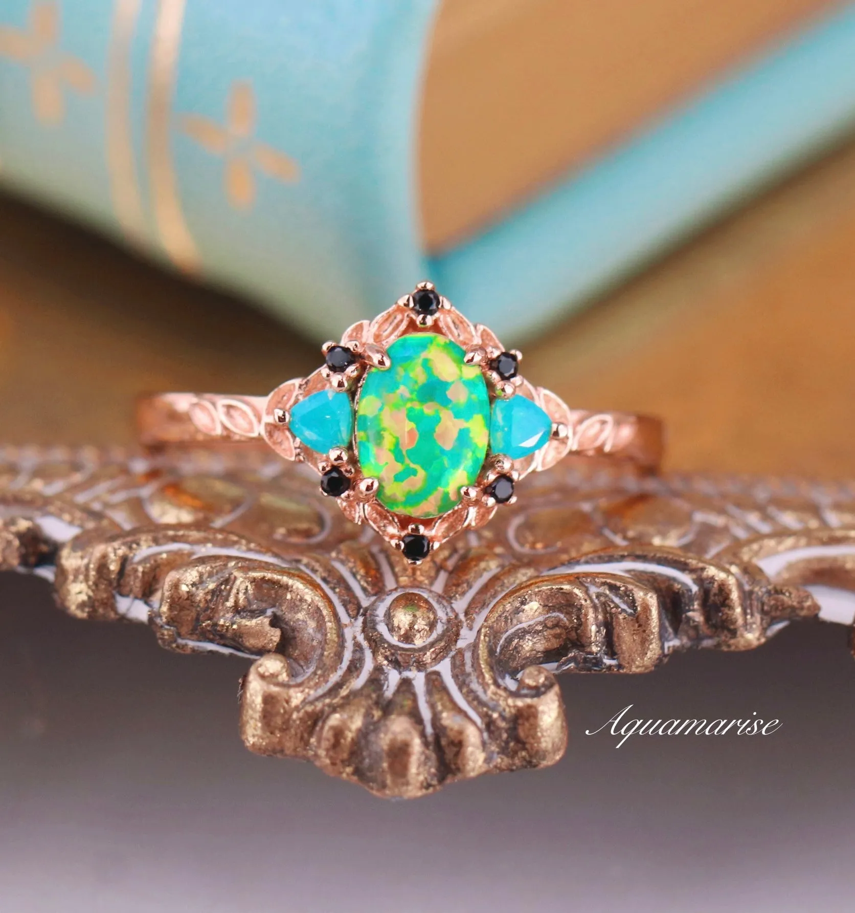 Green Fire Opal Leaf Couples Ring