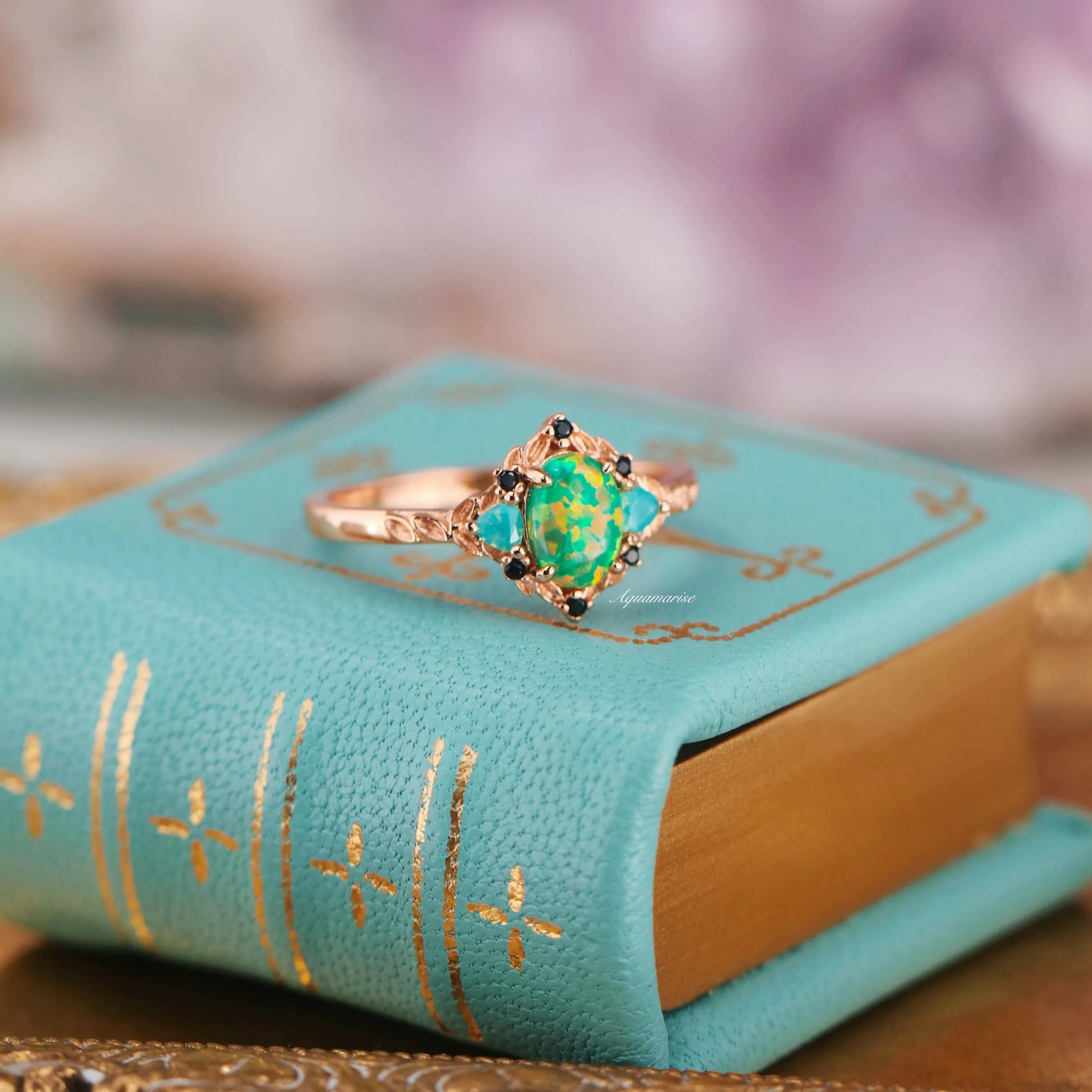 Green Fire Opal Leaf Couples Ring