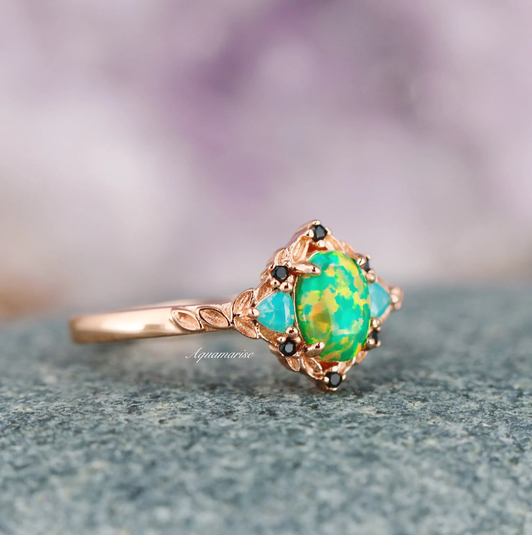 Green Fire Opal Leaf Couples Ring