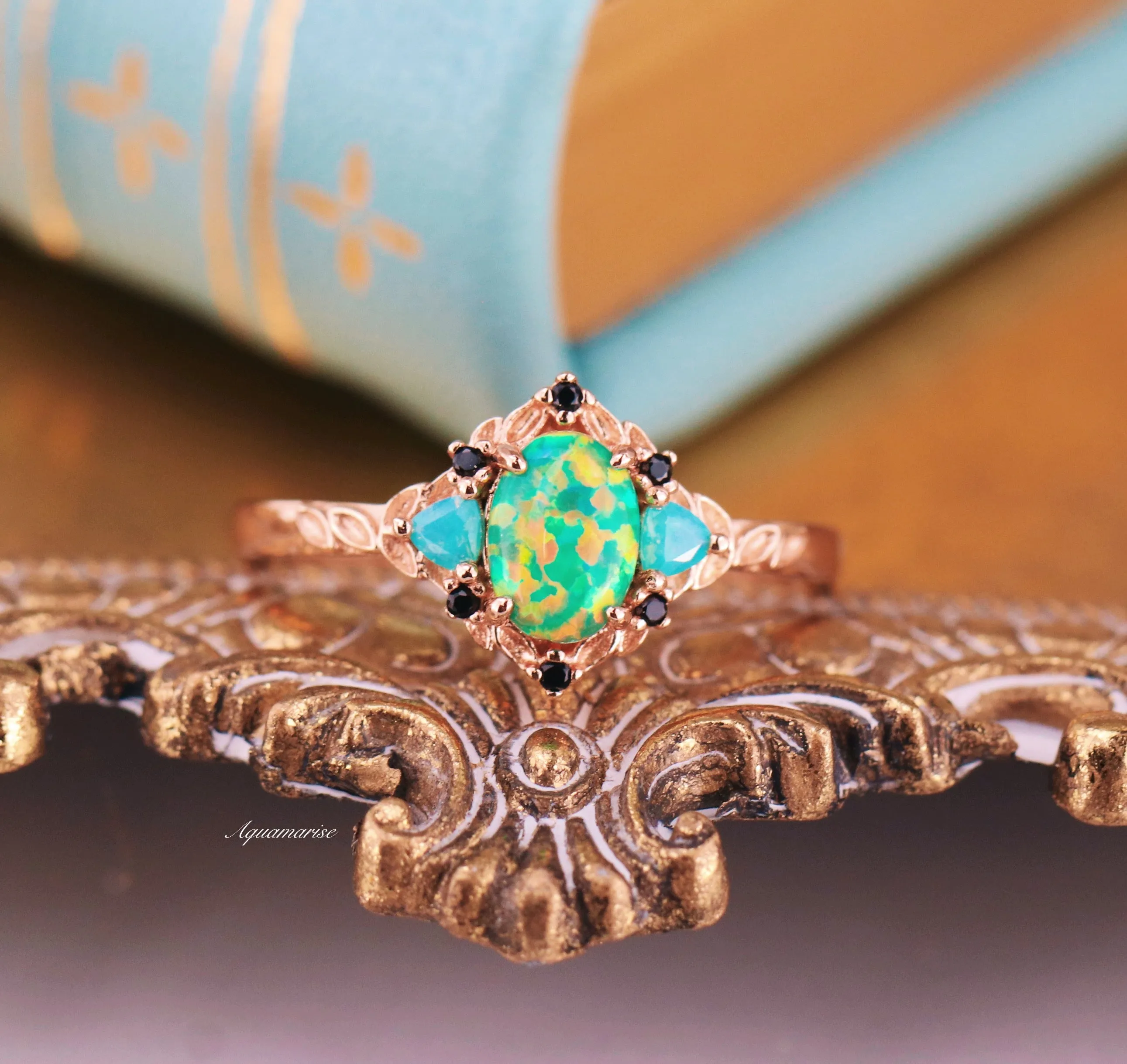 Green Fire Opal Leaf Couples Ring