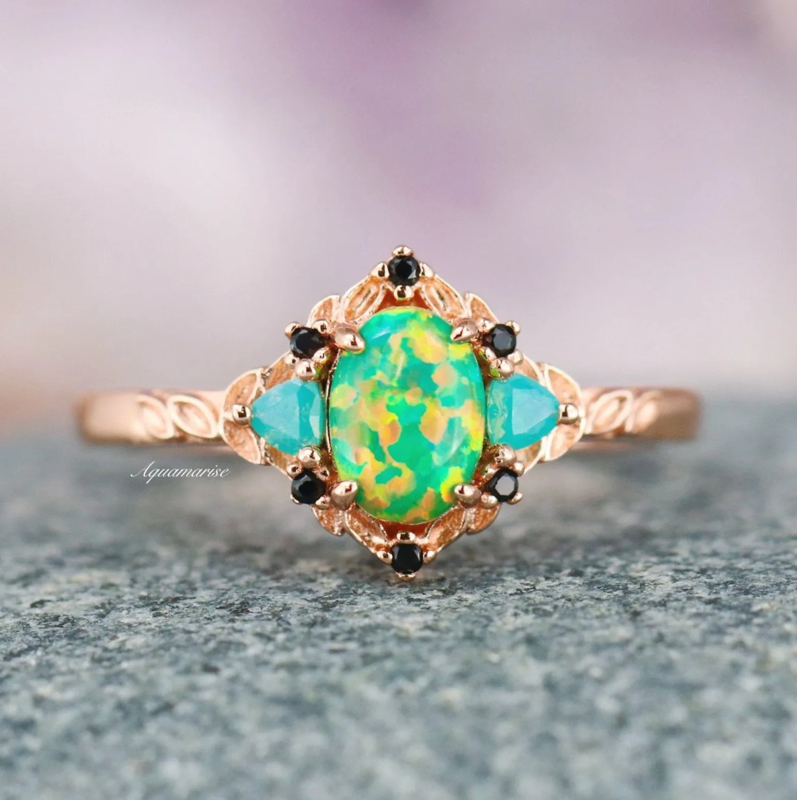 Green Fire Opal Leaf Couples Ring