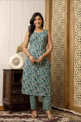 Green Katha Cut Sleeve Kurti Pant Set