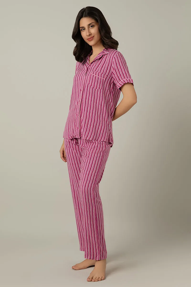 Half-sleeves Sleep PJ Set - Fuchsia Stripe Print