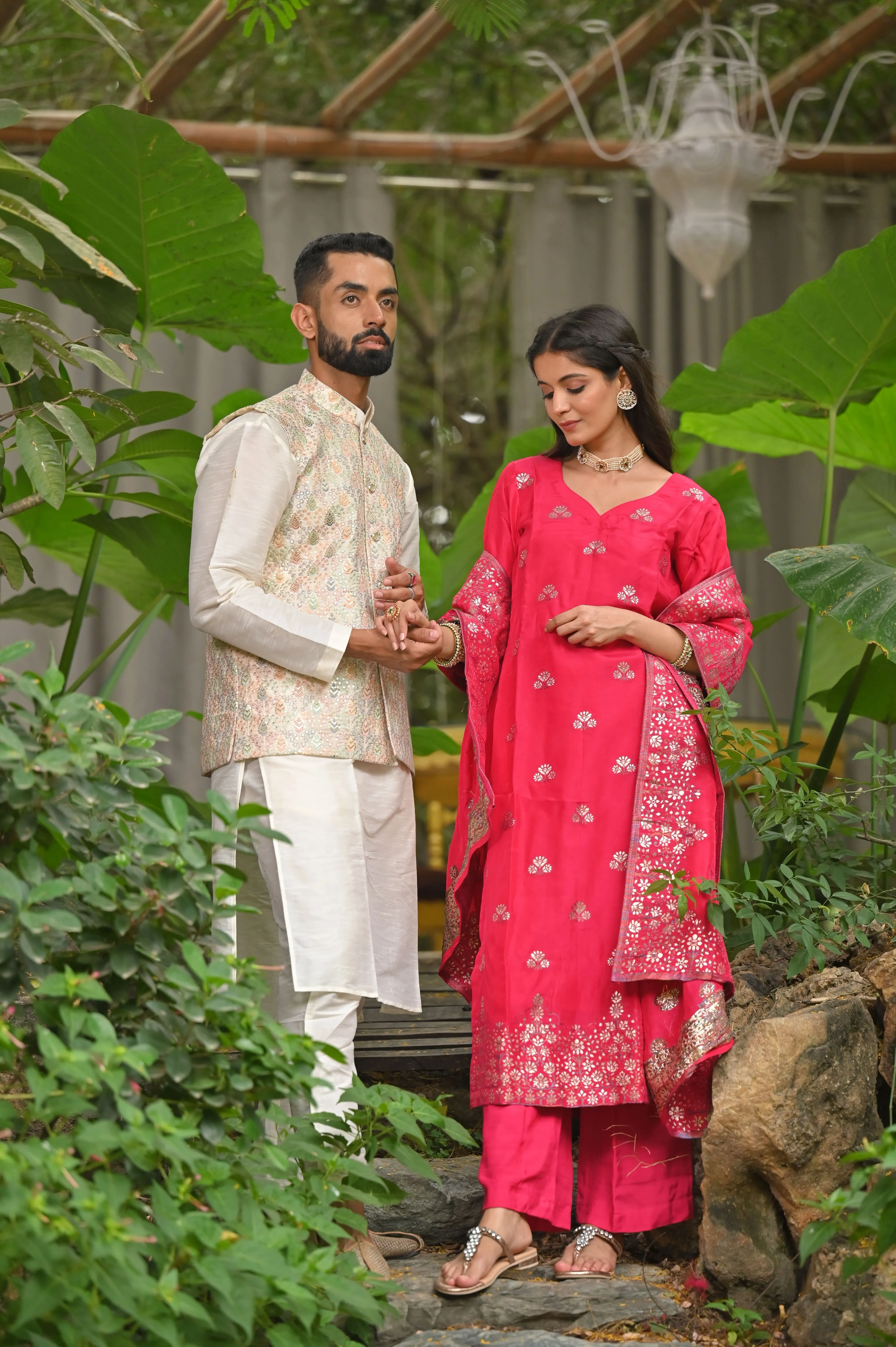 Ivory Magenta Silk Couple Outfit