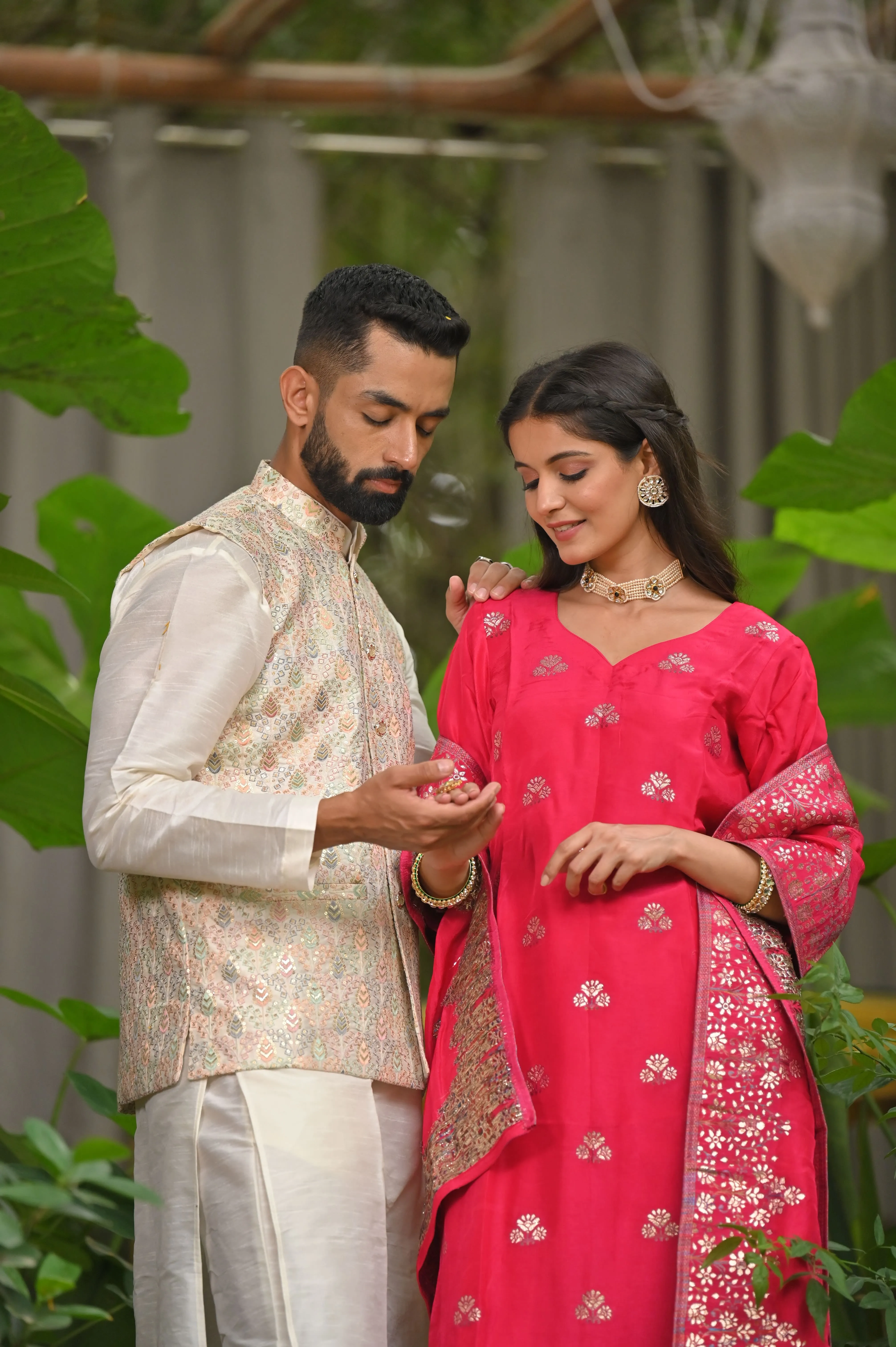 Ivory Magenta Silk Couple Outfit