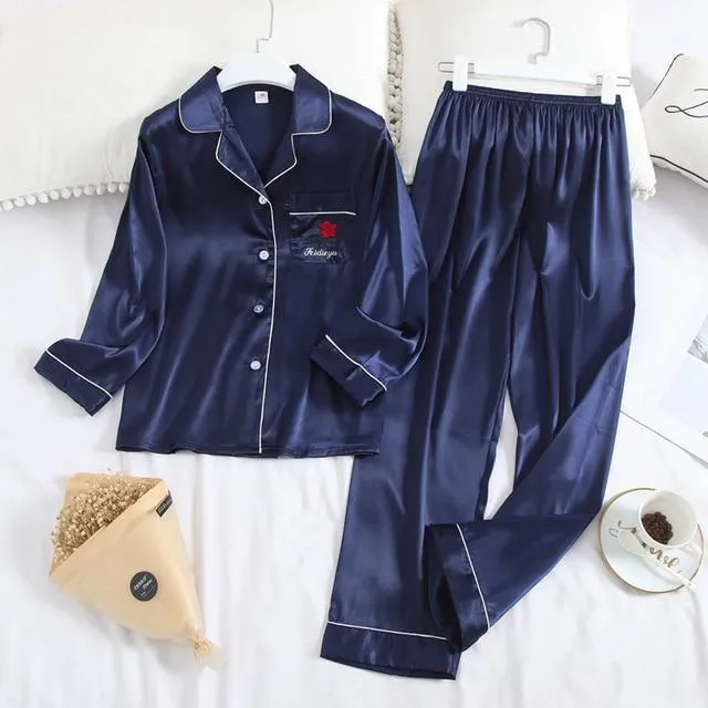 Long Sleeve Pajamas Autumn Ice Silk Long Sleeve Trousers Suit Printing Fashion Pyjamas Set