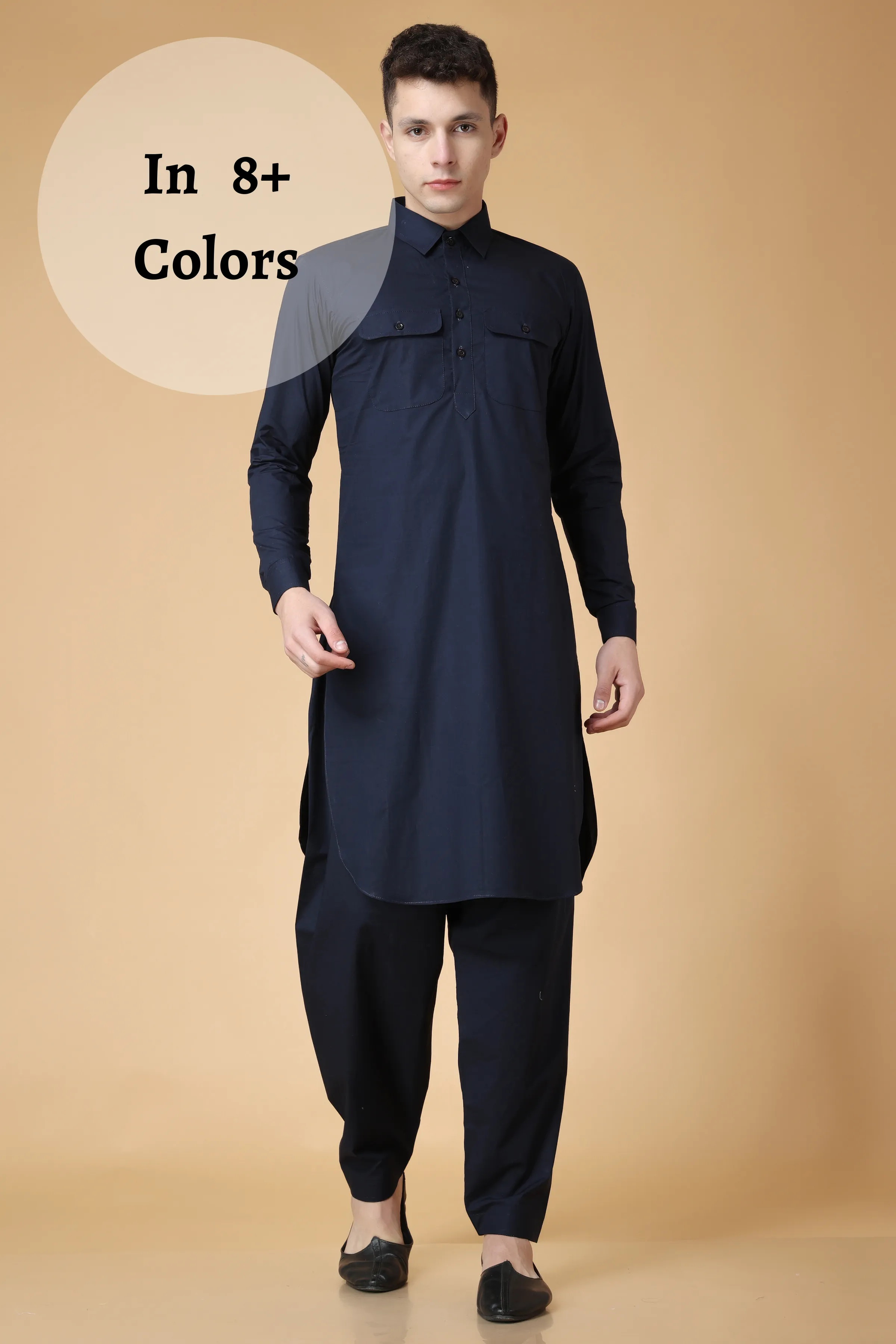 Marine Blue Cotton Pathani Suit