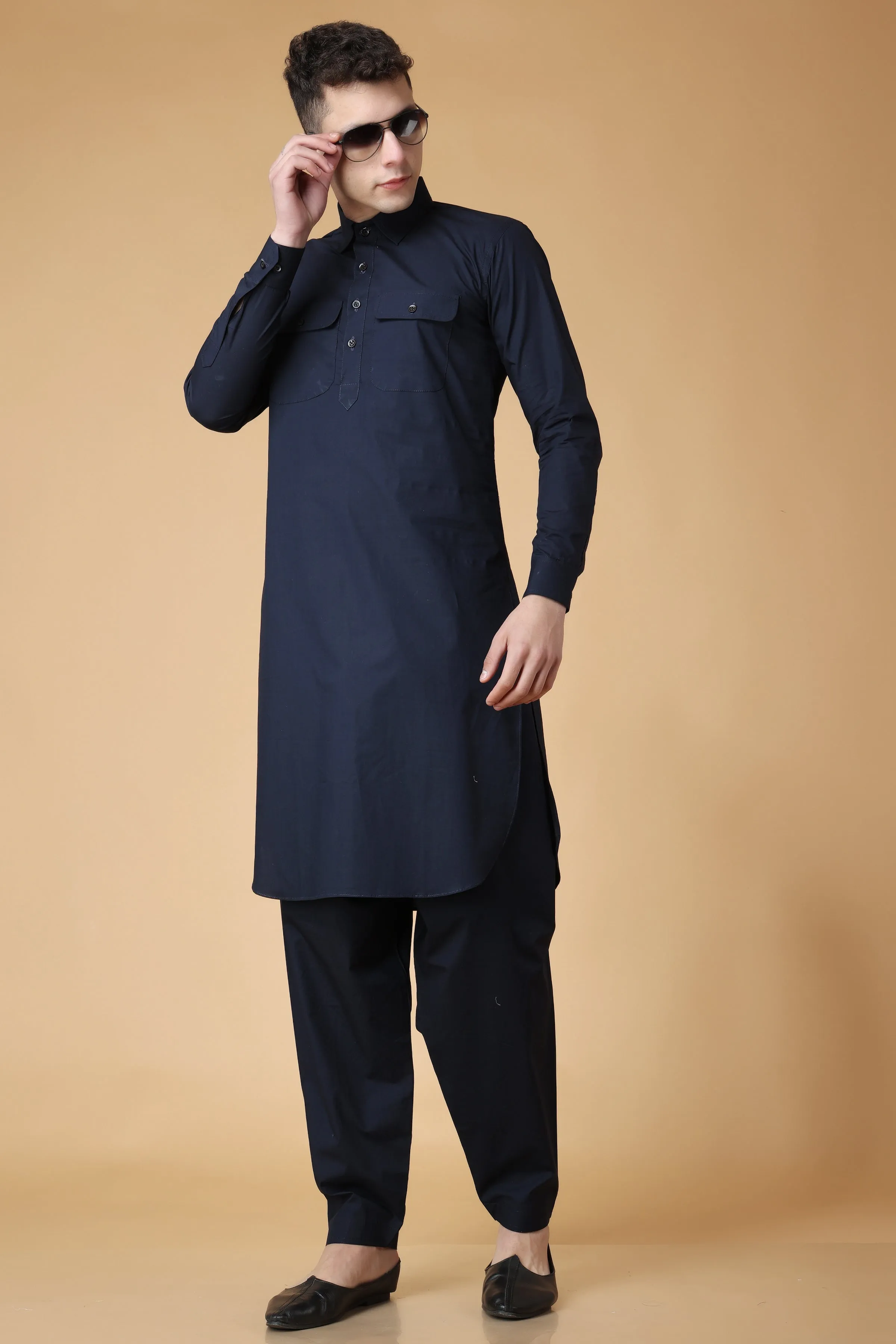 Marine Blue Cotton Pathani Suit