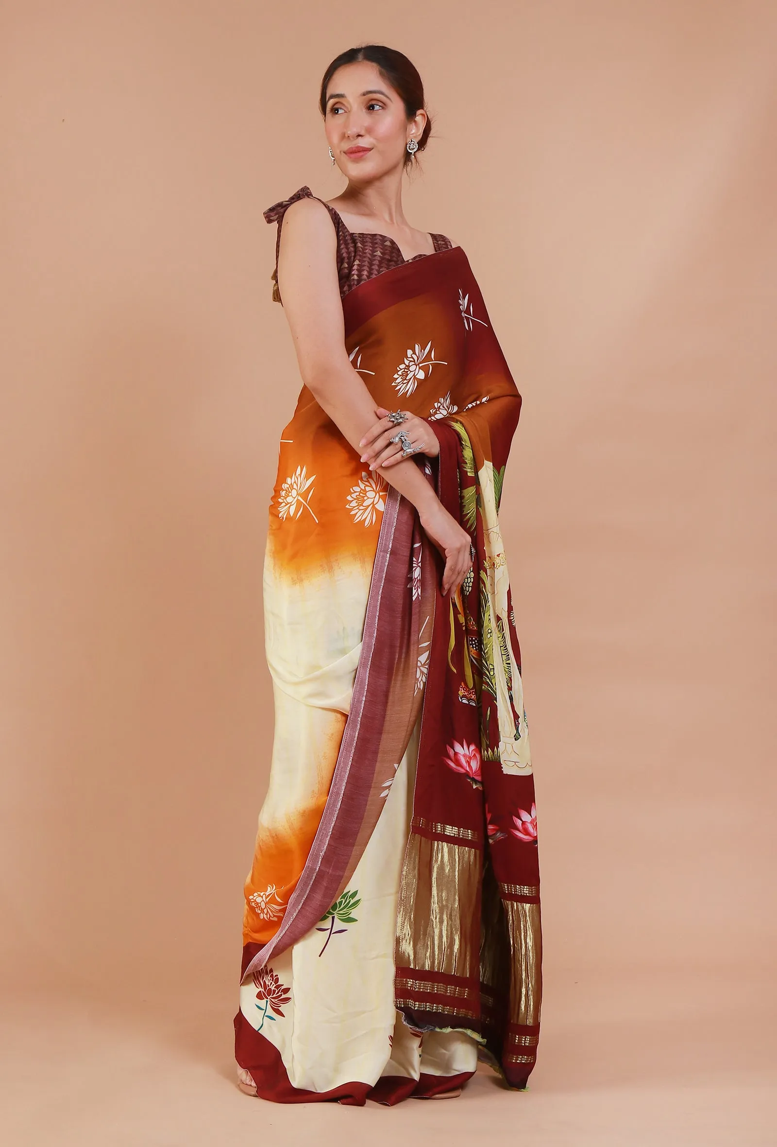 Maroon & Off White Digital Print Modal Silk Saree