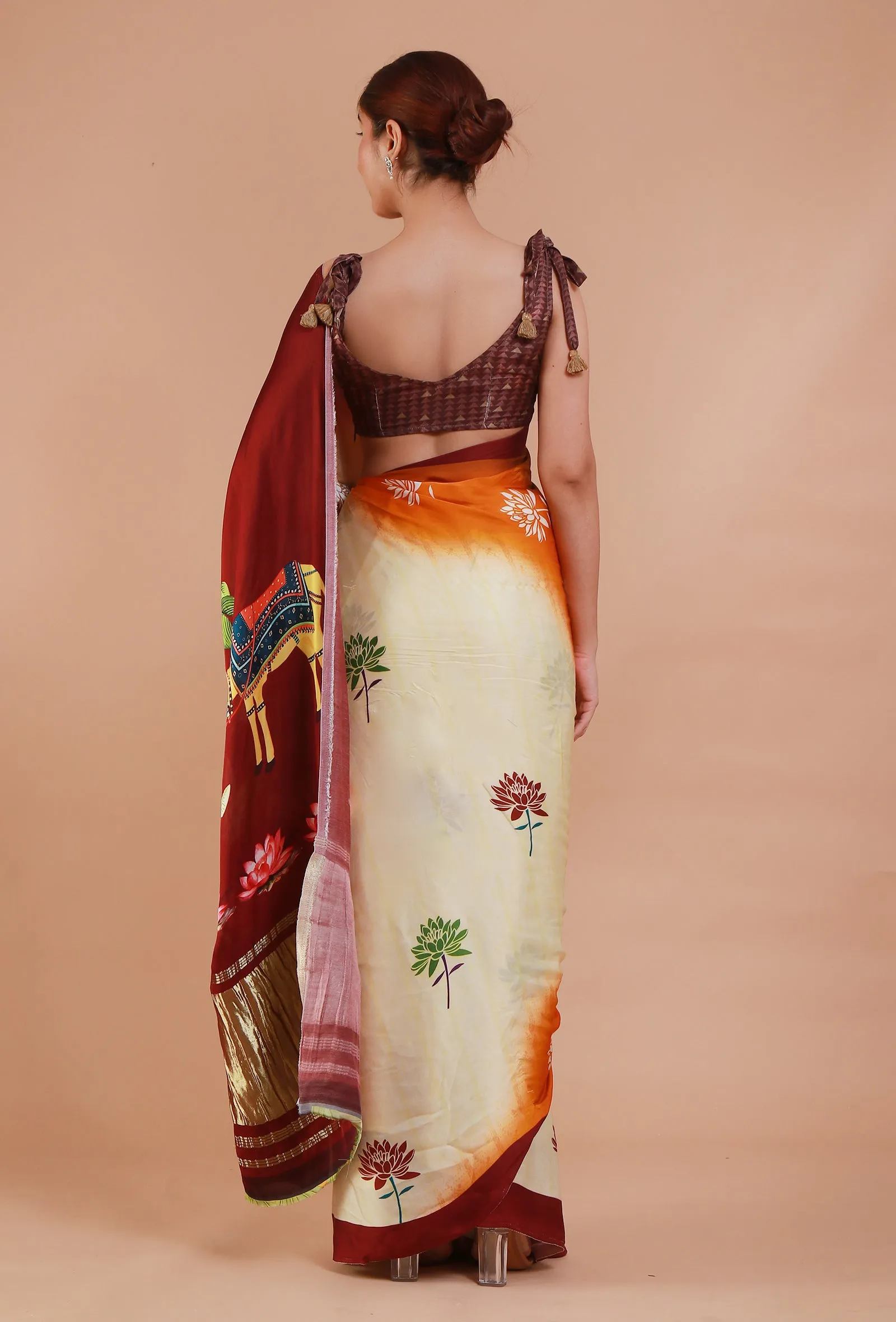 Maroon & Off White Digital Print Modal Silk Saree